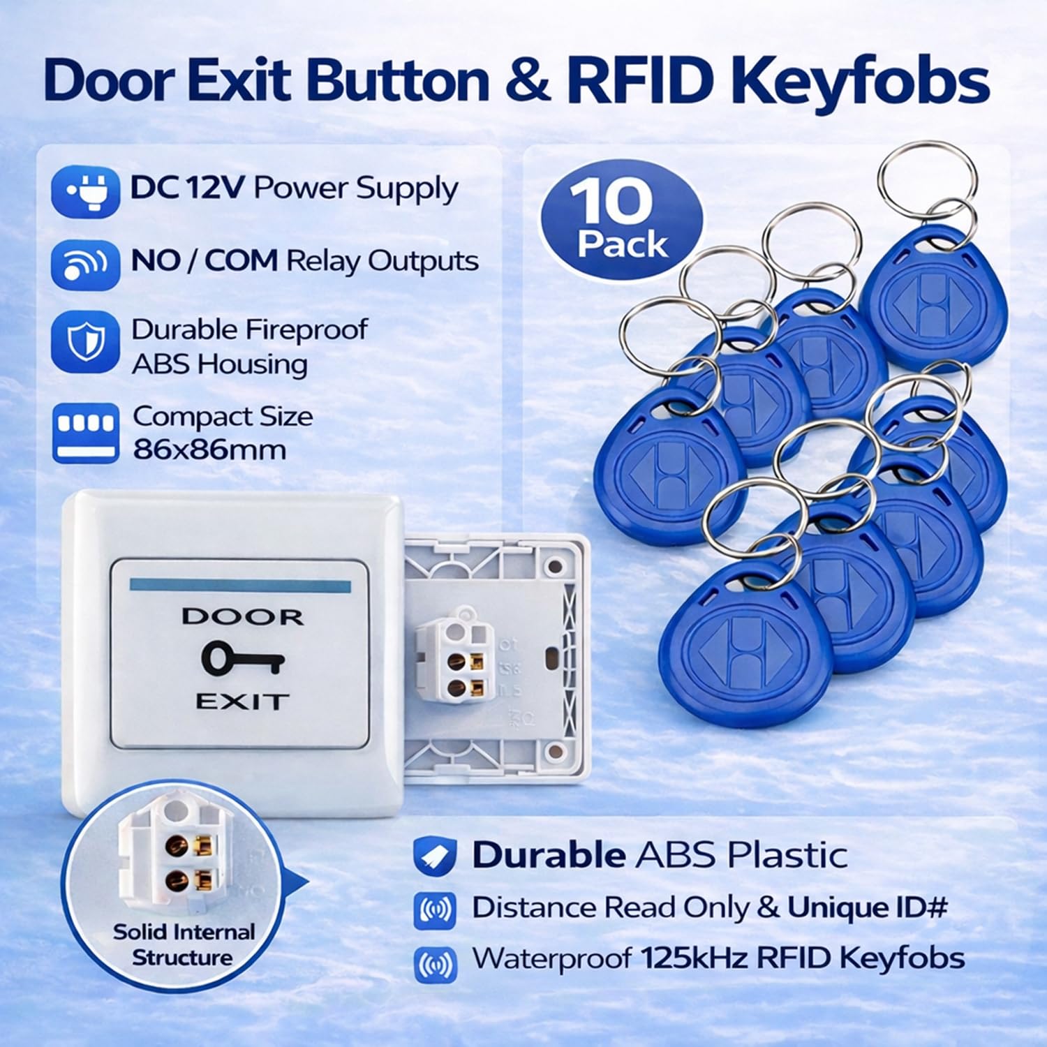 RFID Zutrittskontrollsystem Set mit Dualfrequenz (ID + IC/NFC), IP68 wasserdichter Codetaster mit beleuchteter Tastatur, DC 12V 3A Netzteil, Exit-Taster und 10× 125kHz RFID Schlüsselanhänger(3)