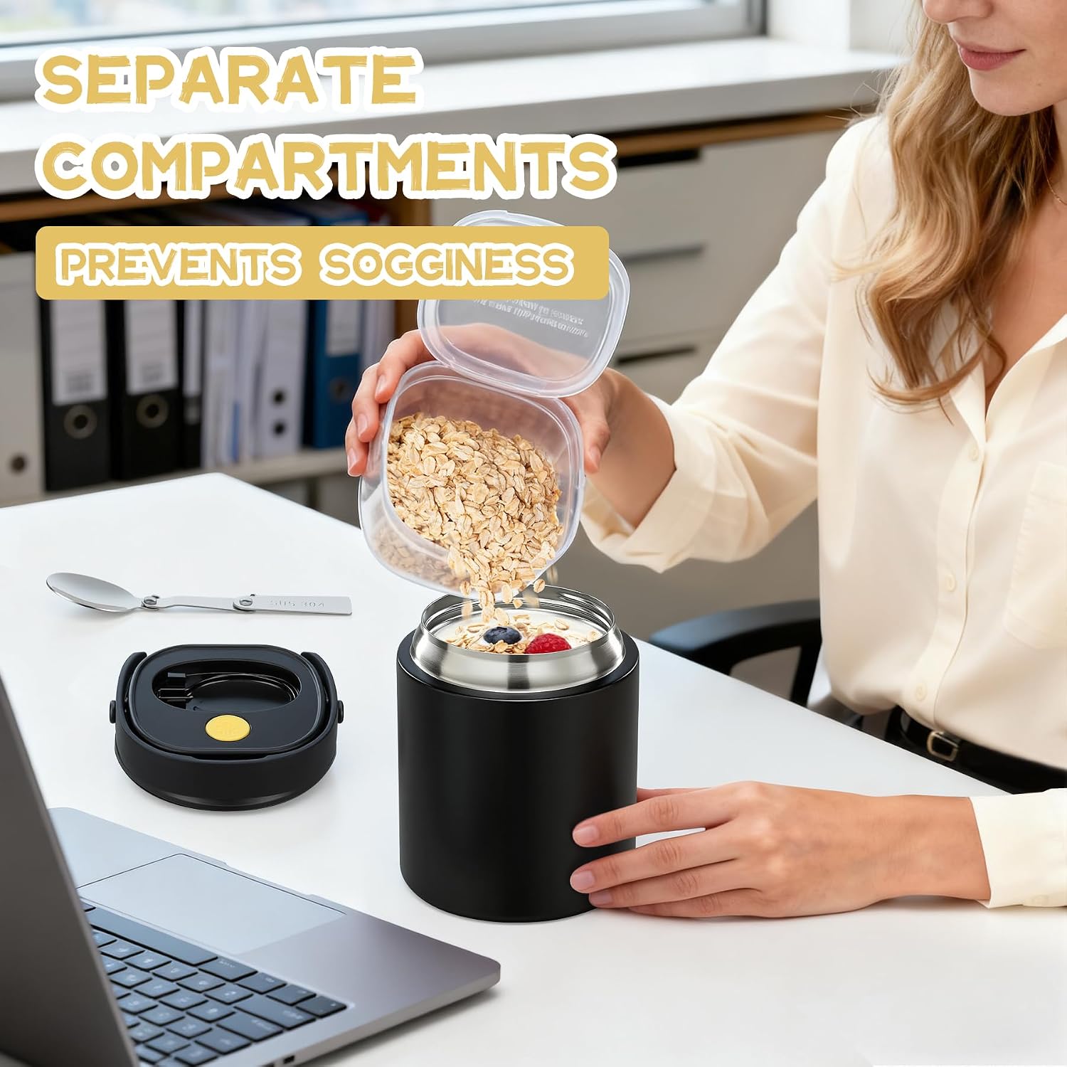 20oz Soup Thermo for Hot Food with a Snack Box Container，Leak Proof Insulated Lunch Container Kids and Adults，Stainless Steel Double Wall Vacuum Wide-mouth Food Jar with Spoon and Handle（Black） image 5