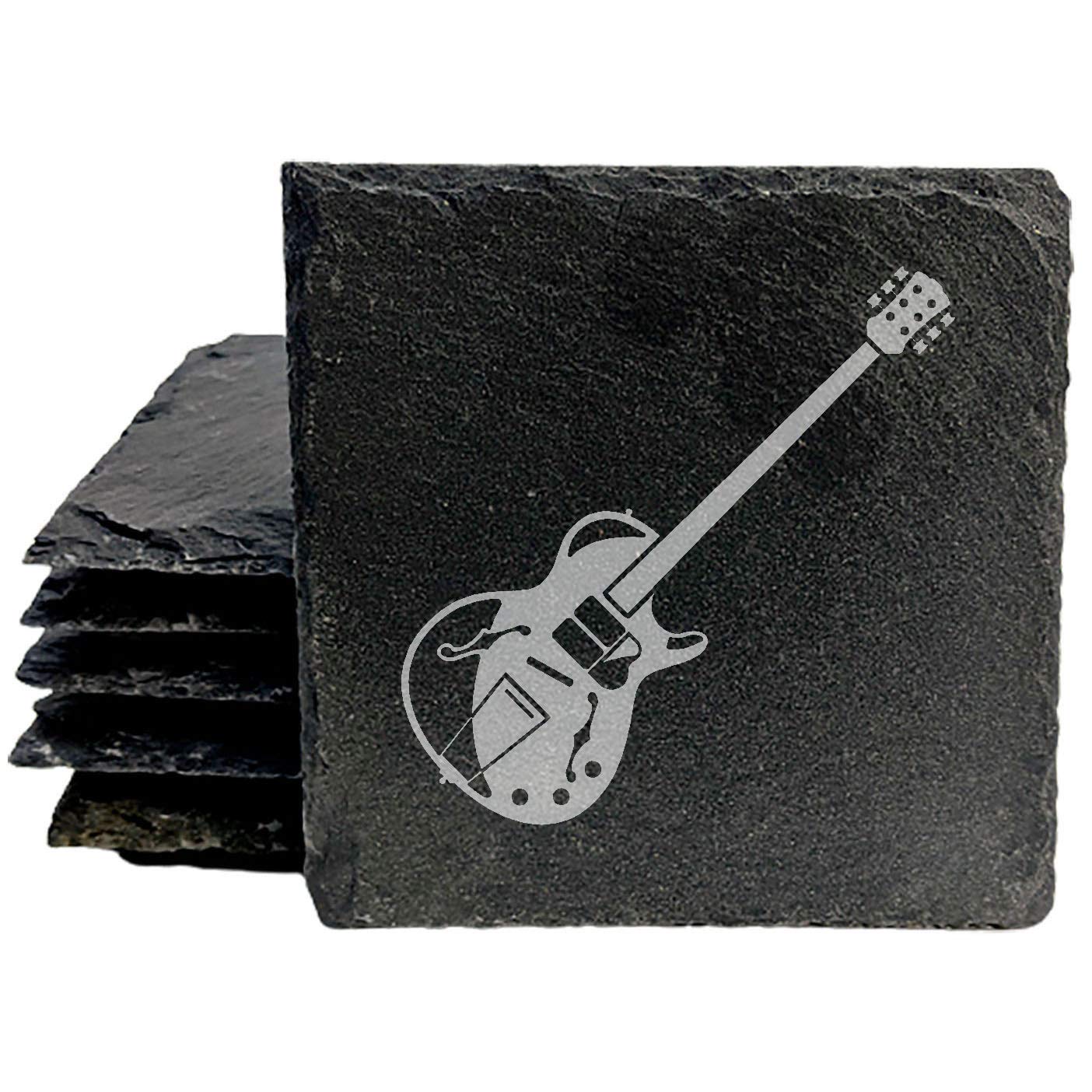 Rock On! Laser-Etched Slate Coasters: 4 Cool Guitar Designs for Coffee & Drinks - Square Slate - Set of 4