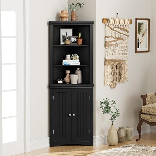 YESHOMY Corner Cabinet Shelves Side Free Standing Storage Organizer with Large Space and Two Doors, Home Furniture for Multifunction in Living Room, Bathroom, Hallway, Kitchen, Bedroom, Black