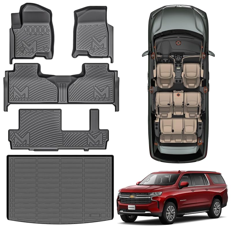 Tapetes automotivos e tapete de porta-malas em TPE para Chevy Suburban e GMC Yukon XL 2021–2025, 8 lugares, preto, conjunto com 5 peças