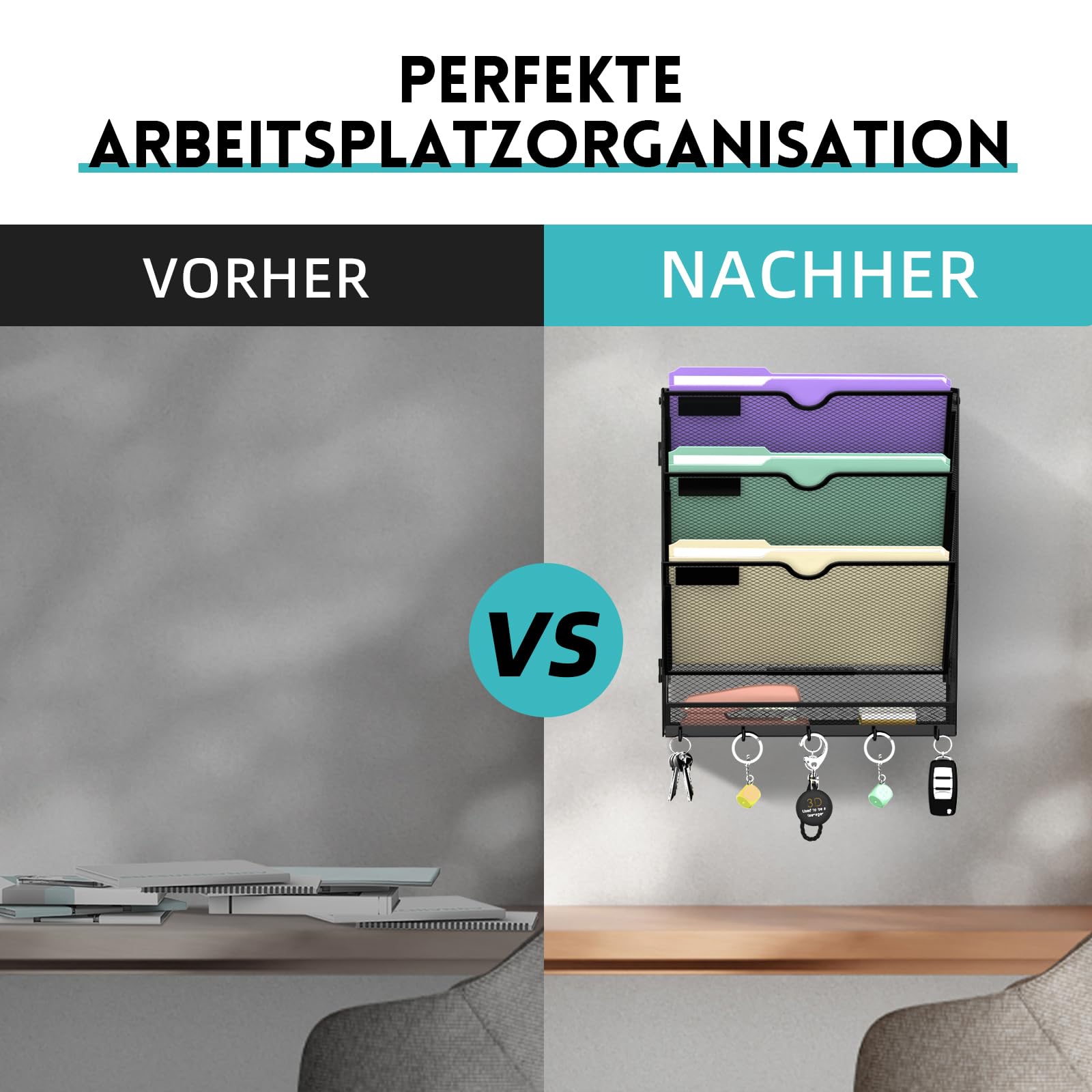 RITOLLO 4 Fächer Metall A4 Zeitschriftenhalter mit 5 Haken, hängender Wandhalter zur Wandmontage, praktischer Wandorganizer für Papier, Ordner, Magazine und Rechnungen, Schwarz