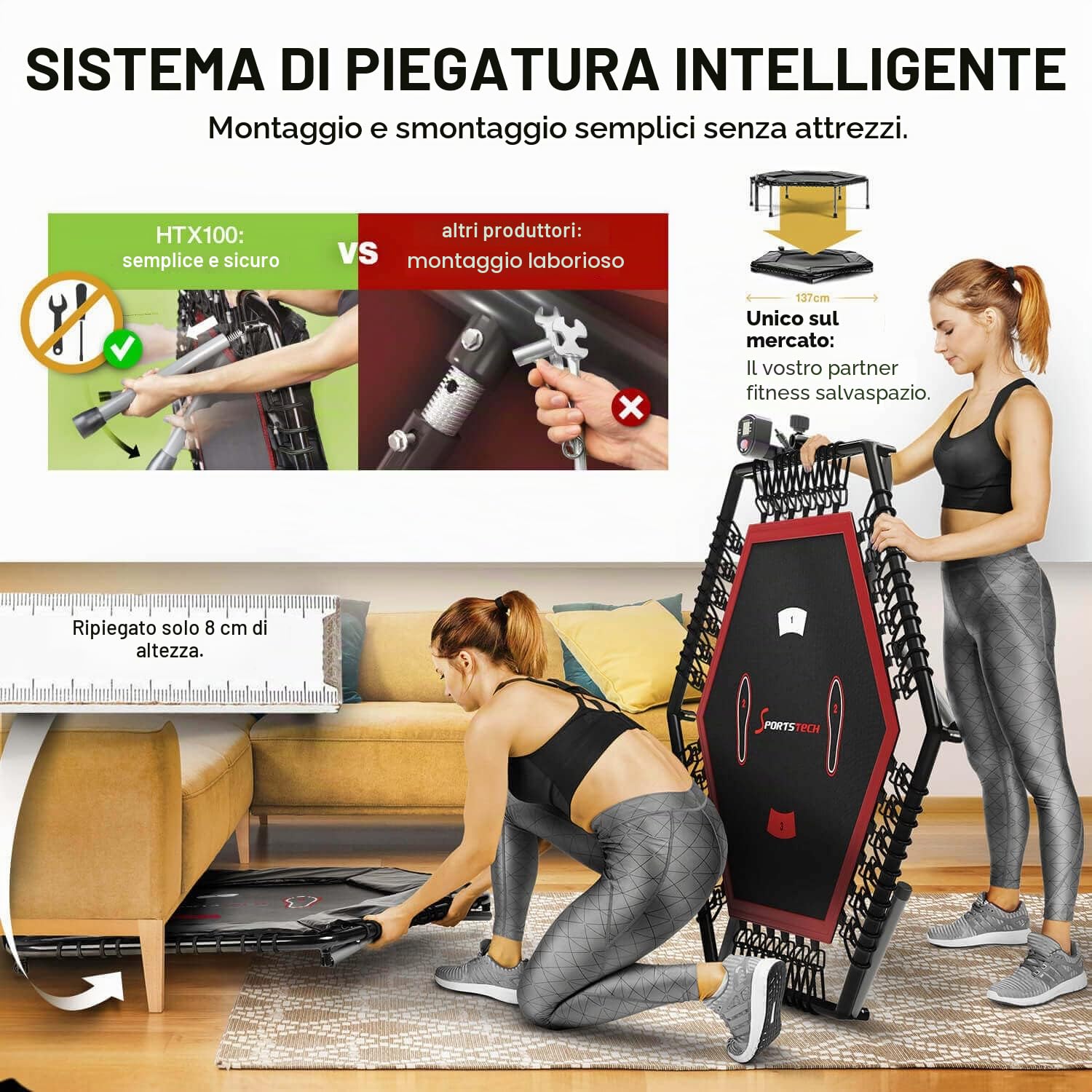 Sportstech HTX100 Trampolino pieghevole | Marchio di qualità tedesco | Trampolino fitness con maniglia | Jumping interno per bambini e adulti | TÜV/GS, contatore di salto, app | Supporto per cellulare