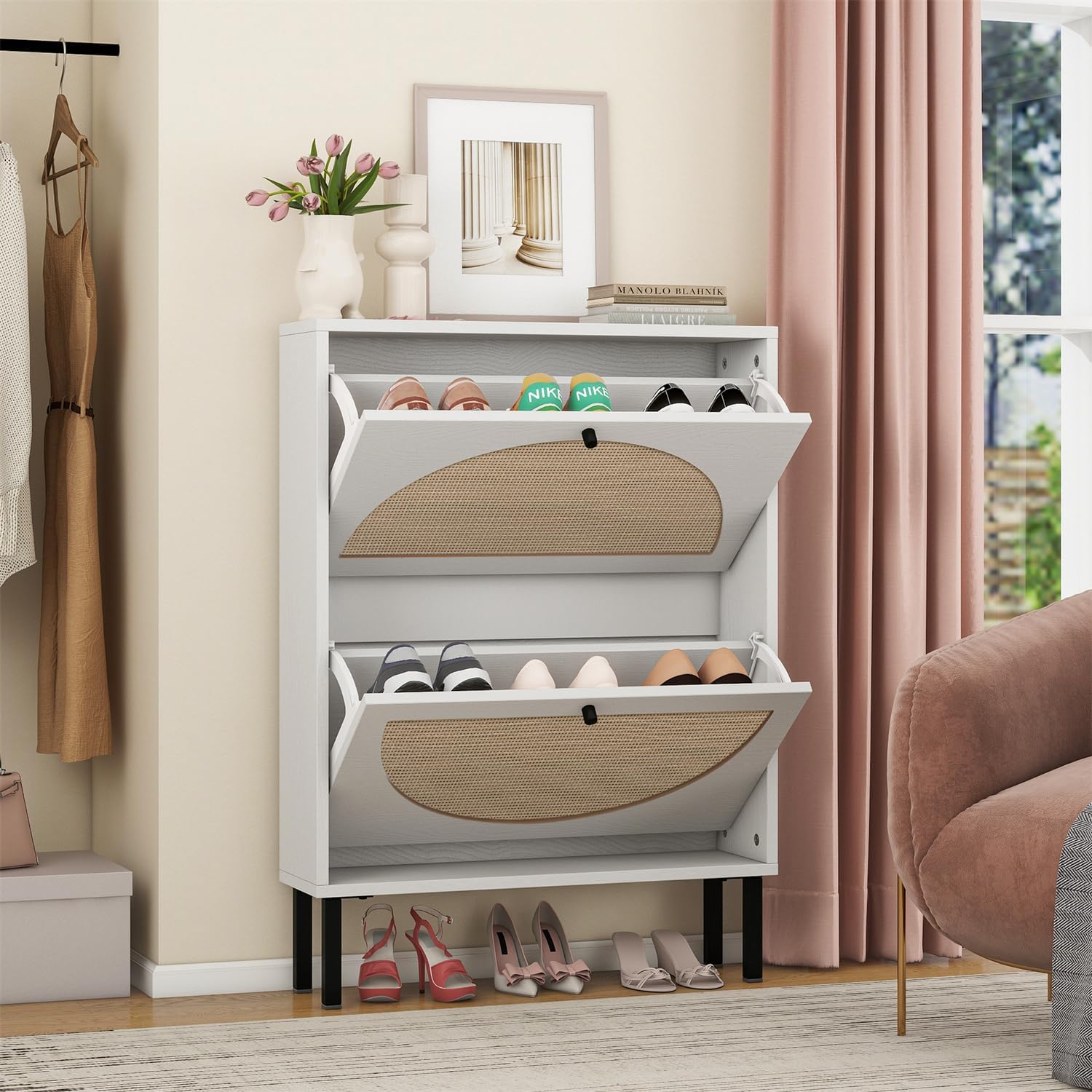 ZeHuoGe Rattan Shoe Cabinet with 2 Flip Drawers, Narrow Hidden Shoe Rack, Storage Cabinet for Entryway, Shoe Organizer with Rattan Doors (Pearl White)