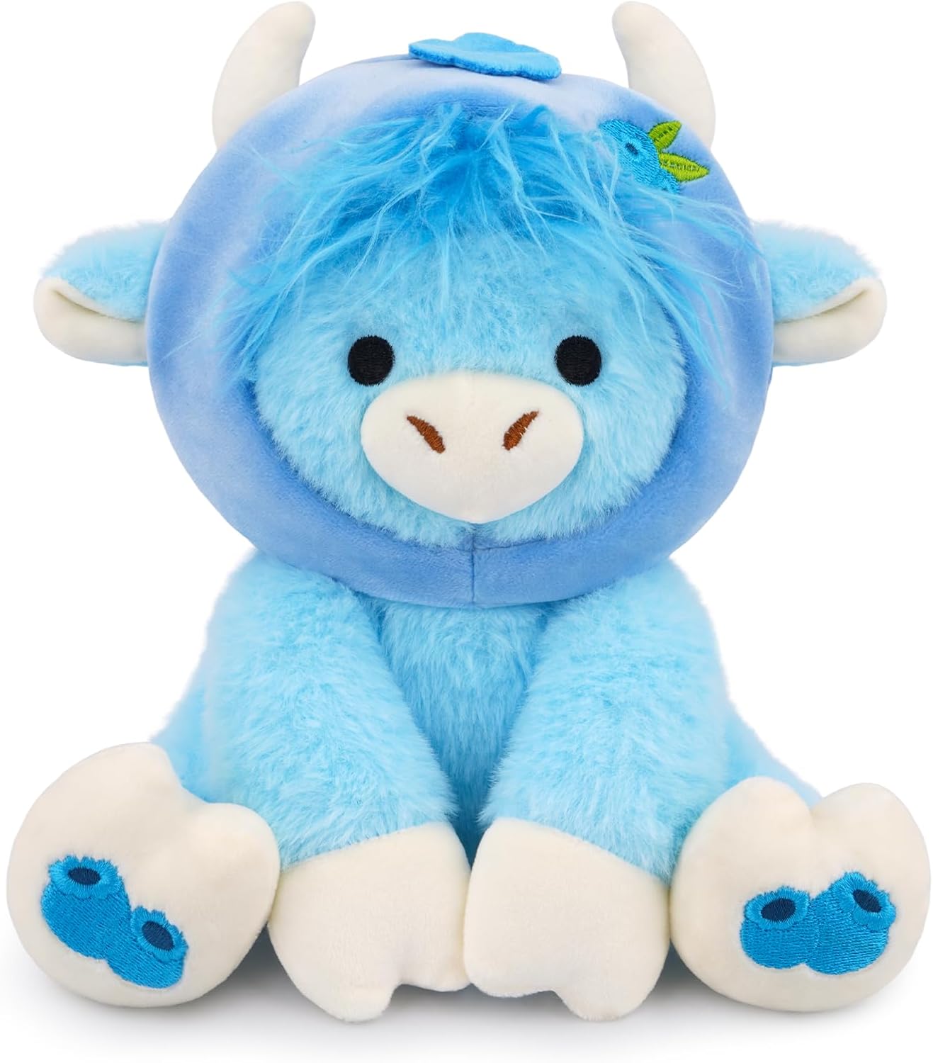 Blueberry Highland Cow Stuffed Animal-8inch Sit Highland Cow Plush Toy with Blueberry Removable Hood, Cute Stuffed Plushies Kawaii Toys, Soft Decorations Stuffy Doll Gifts for Kids Boys Girl
