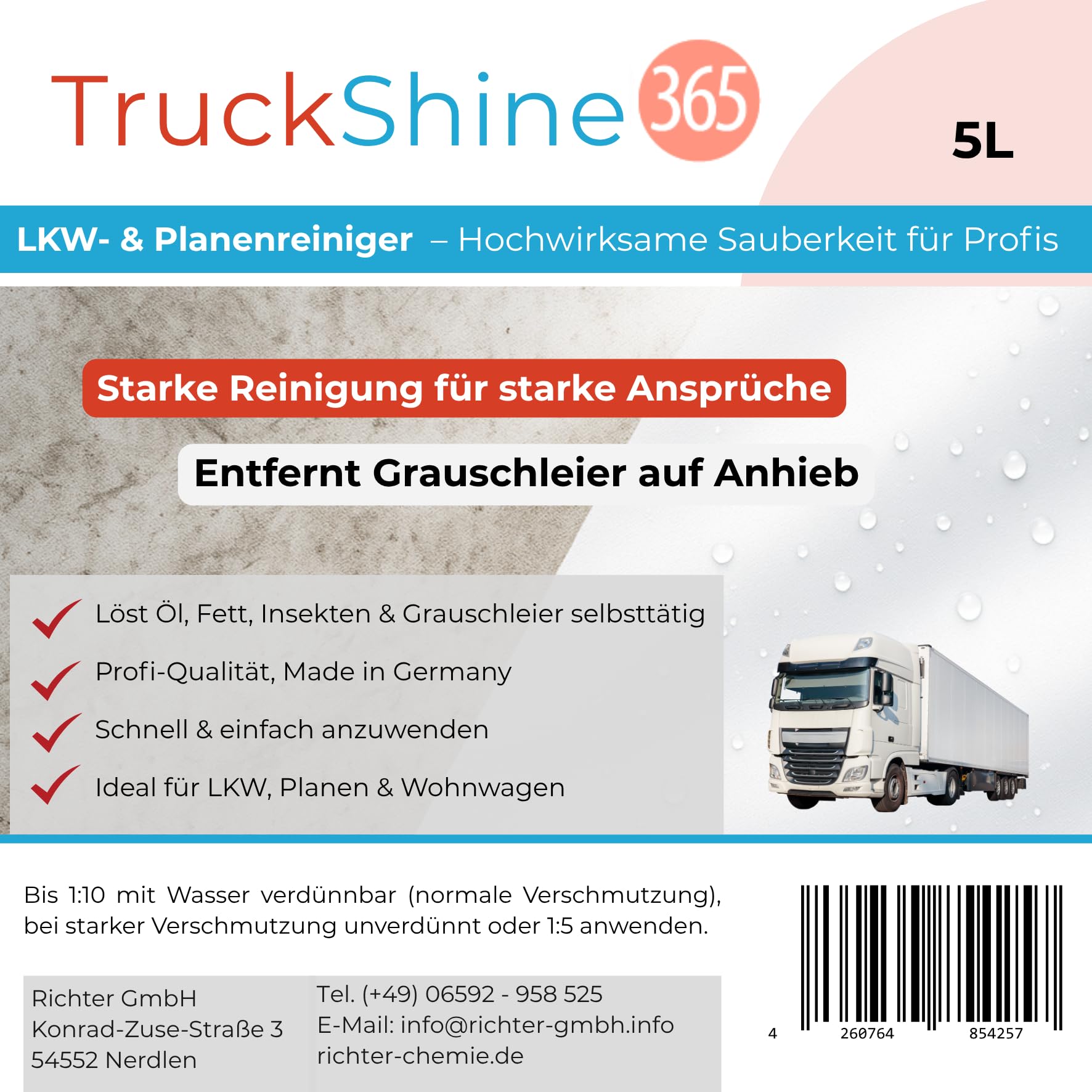 TruckShine365 LKW Reiniger & Planenreiniger Konzentrat, 5L Kanister | Alkalischer LKW Außenreiniger, Gegen Grauschleier, Öl, Fett & Insekten, Verdünnbar bis 1:10, Profi-Qualität