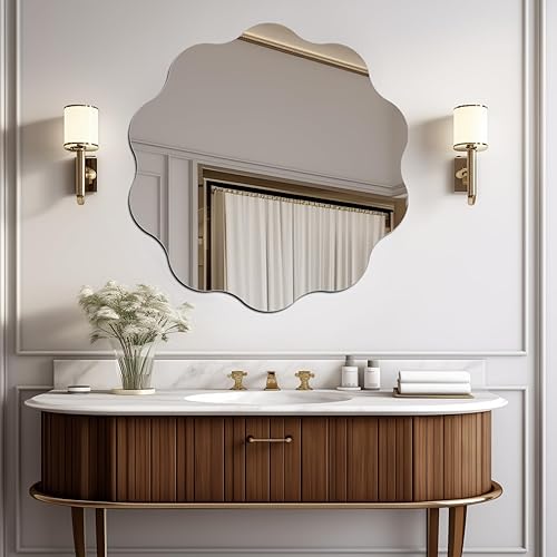 DARENYI Round Wavy Mirror for Wall Decor, 16 inch Acrylic Circle Scalloped Wall Mirror for Bathroom, Bedroom, Living Room, Entryway, Home Decor