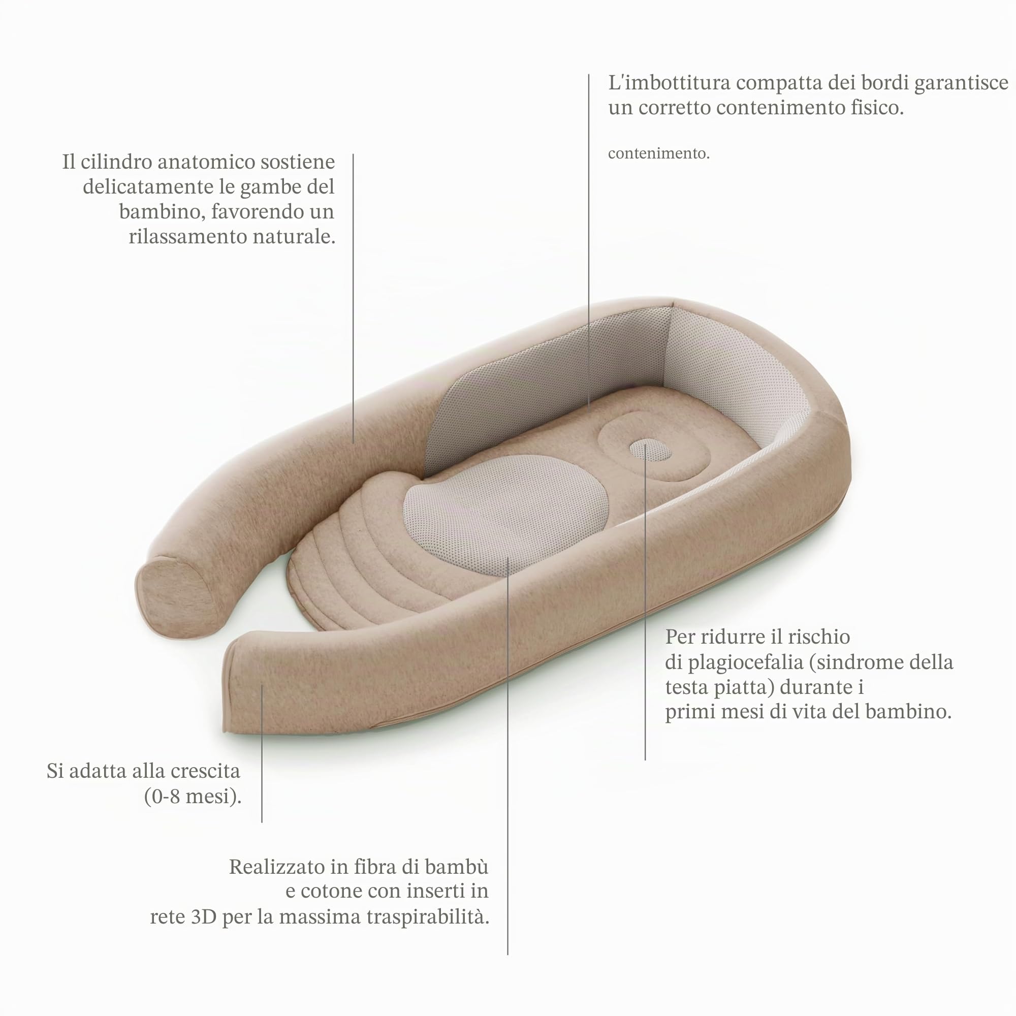 Inglesina Welcome Pod Baby Nest Ergonomico 0-8 Mesi, Riduttore Lettino Traspirante in Bambù e Cotone, Sfoderabile e Lavabile, Quiet Beige