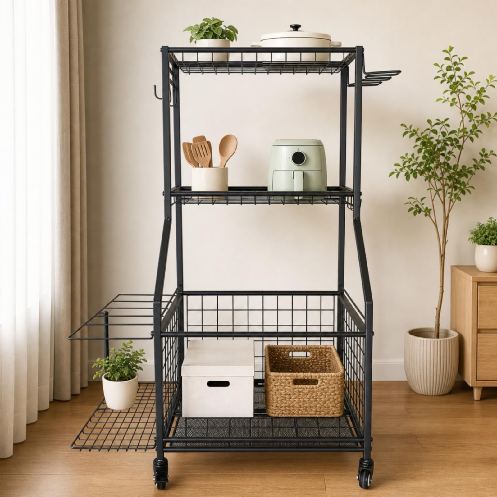 Carrello in Metallo con Ruote Multiuso Carrello Organizer con Ganci Multifunzionale Scaffale per Famiglie, Sportivi