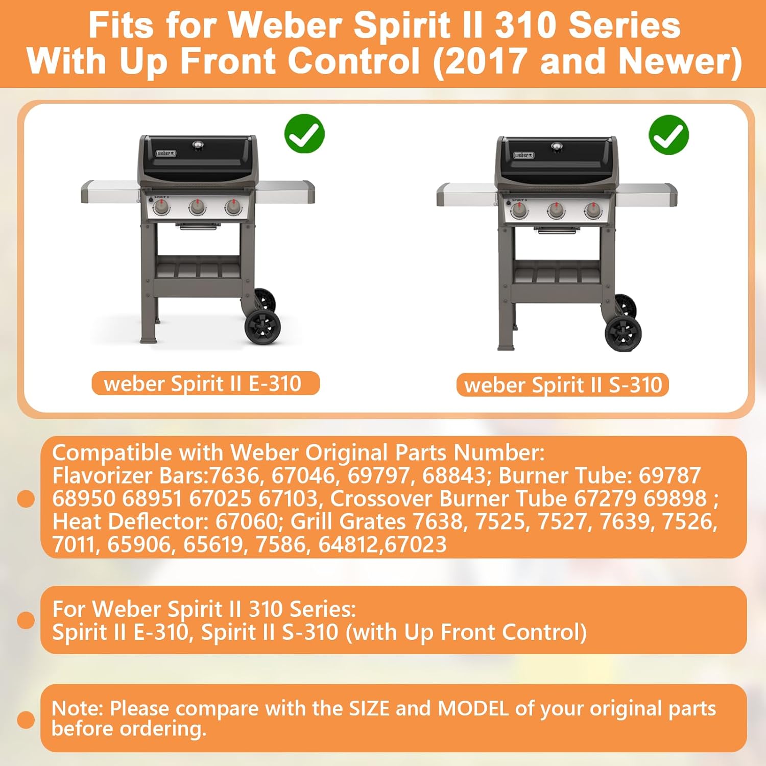 Grill Replacement Parts for Weber Spirit 2 Grill Parts GS4 Spirit II E310 S310 Parts, Flavorizer Bars 7636, Heat Deflector, Burner & 7638 Grill Grates for Weber (with Up Front Control)