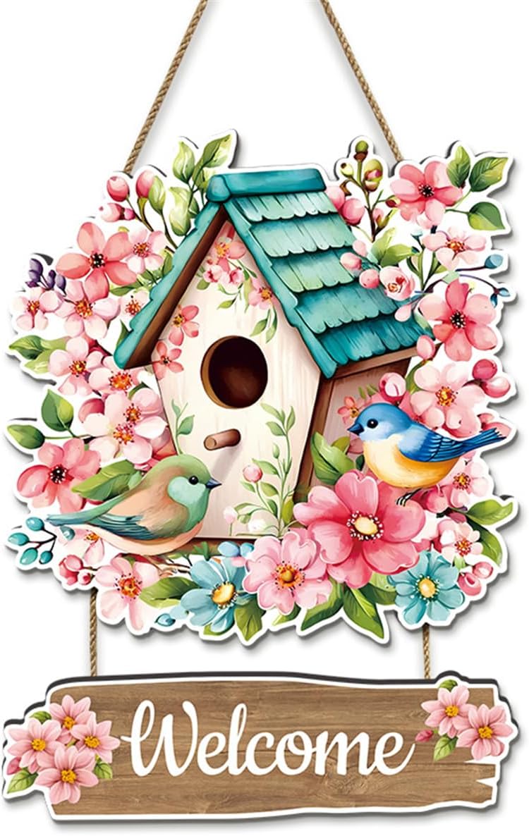 Welcome Wood Sign for Front Door, Spring Flower Birdhouse Wooden Hanging Sign Decor, Rustic Farmhouse Porch Wood Wall Art Décor, Colorful Welcome Wooden Plaque Door Hanger, for Home Outdoor Indoor