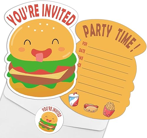 REWIDPARTY Bonitas tarjetas de invitación para fiesta de hamburguesas con sobres y calcomanías (juego de 15) invitaciones en forma de relleno,