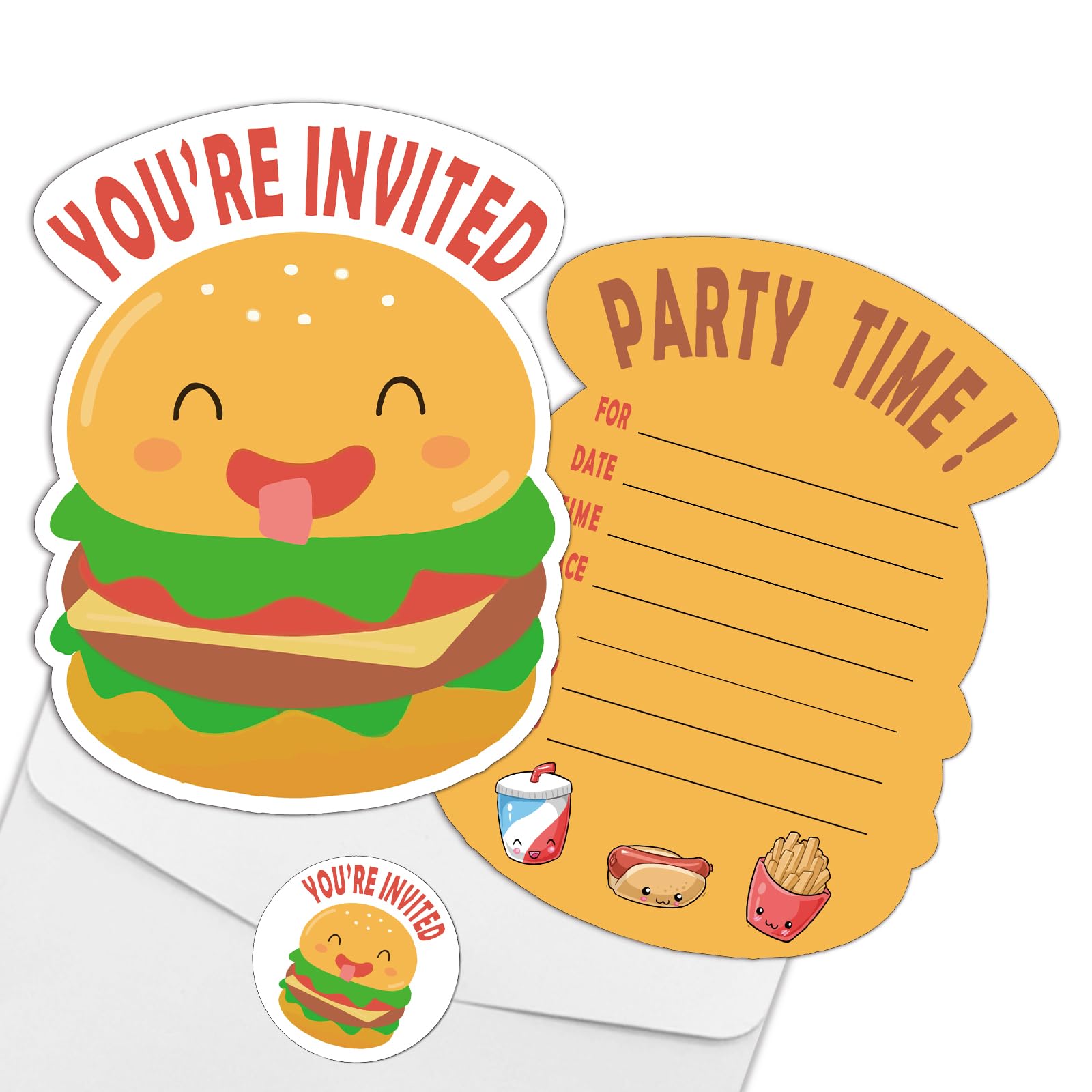 REWIDPARTY Cute Hamburger Party Invitation Cards with Envelopes & Stickers（Set of 15） Shaped Fill-in Invitations Party Supplies Favors for Birthday Baby Shower Party Celebration Cards for Kids Teens