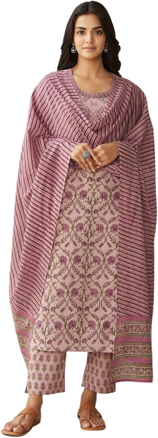 NaixaWomen's Pink Cotton Printed Straight Kurta with Pant and Dupatta Set