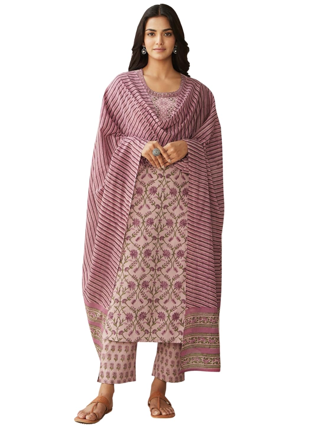 NaixaWomen's Pink Cotton Printed Straight Kurta with Pant and Dupatta Set