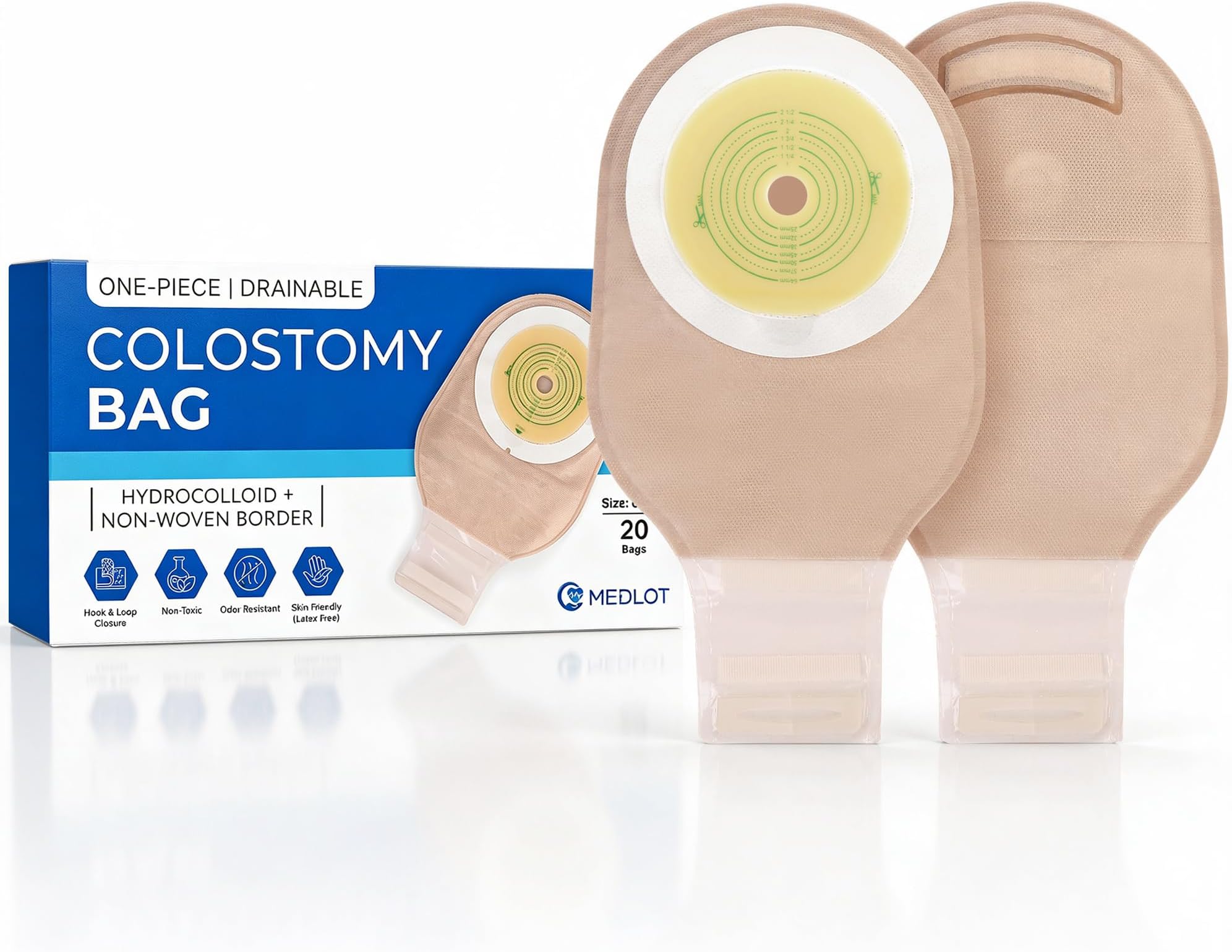 LotFancy Colostomy Bags, Pack of 20, Ostomy Supplies, One-Piece Drainable Pouches with Closure for Ileostomy Stoma Care, Cut-to-Fit, Max 64mm
