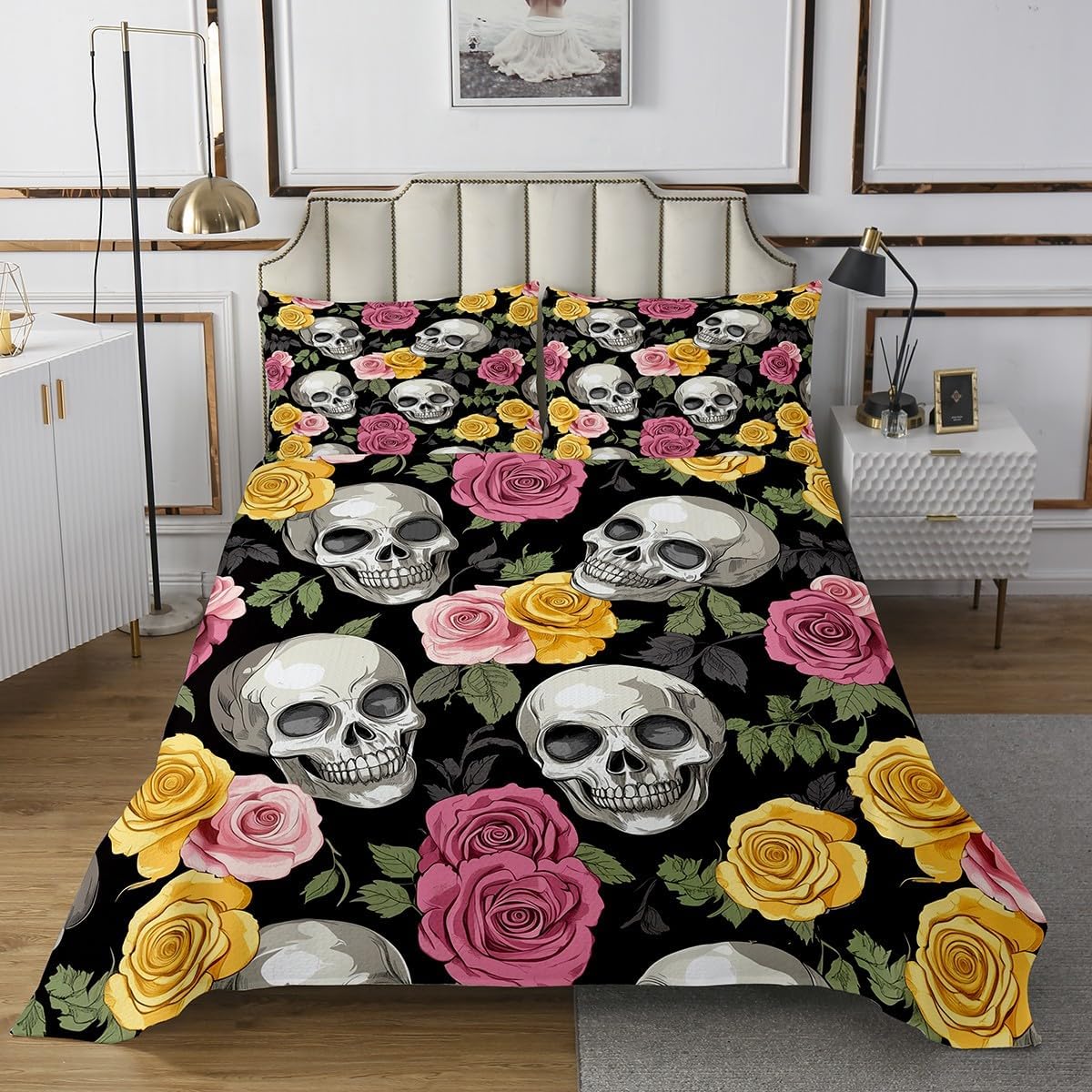 Erosebridal Rose Flower Skull King Bedspread,Vintage Halloween Decor Skeleton Skull Quilt Bedding Set for Kids Adults,Gothic Home Decor Horror Quilts Bed Set Colorful Floral Coverlet Set 3Pcs