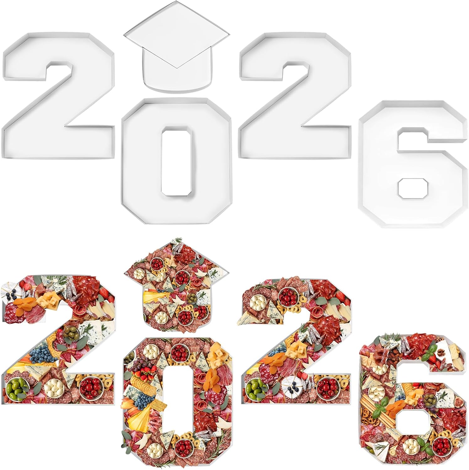 Tellingyou 5 Pcs 14.6" 2026 Graduation Charcuterie Number Fillable Cardboard Box for Graduation Party 2026 Number with Grad Hat Fillable Box Mache Chocolate Candy Congrats Party Supplies(White)