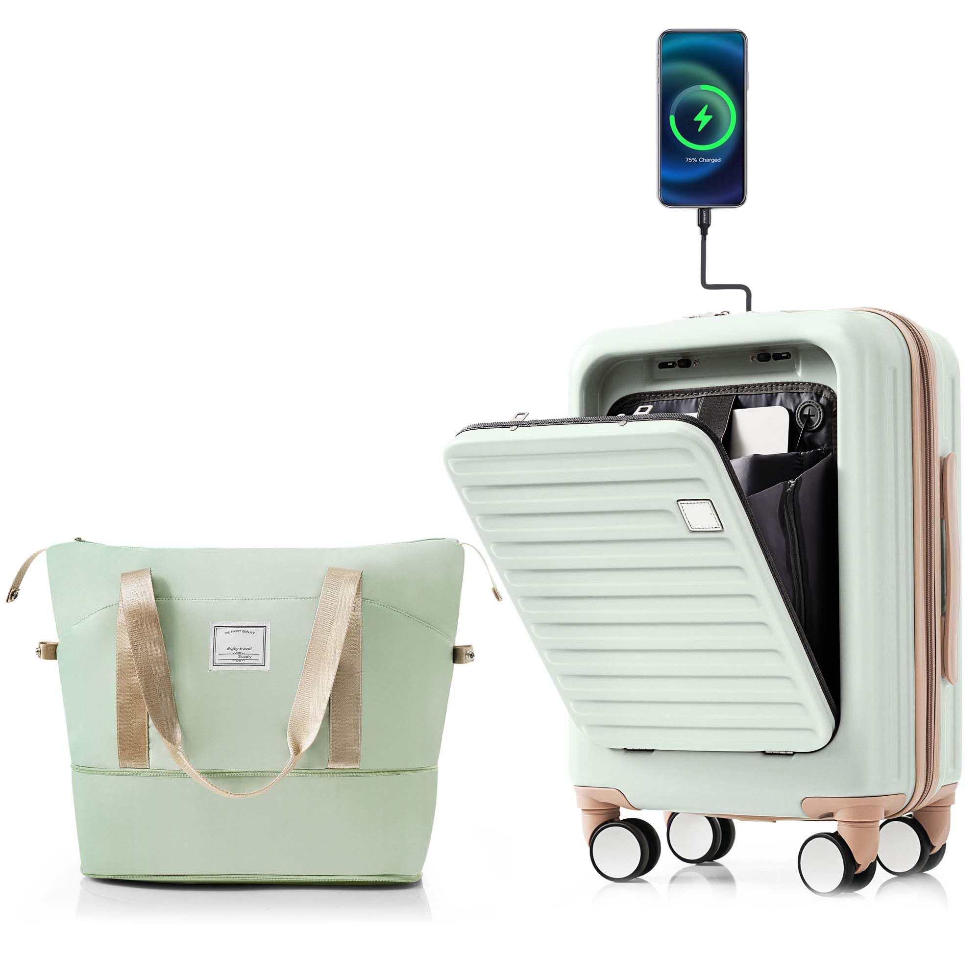 Anwick Green Carry on Luggage with Front Pocket, Hard Shell Suitcase with USB Port and Cup Holder, Lightweight Rolling Luggage with Expandable Travel