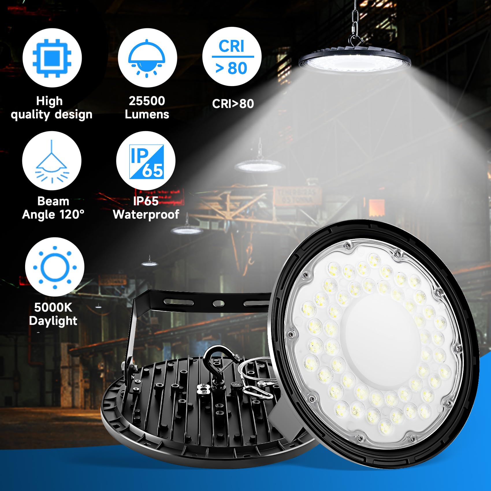 12 Pack UFO LED High Bay Light, 150W LED Shop Lights 25500lm, 5 Foot Cable, US Hook, U Bracket, IP65 Commercial Light, 5000K Garage led Ceiling Lights for Warehouse Factory