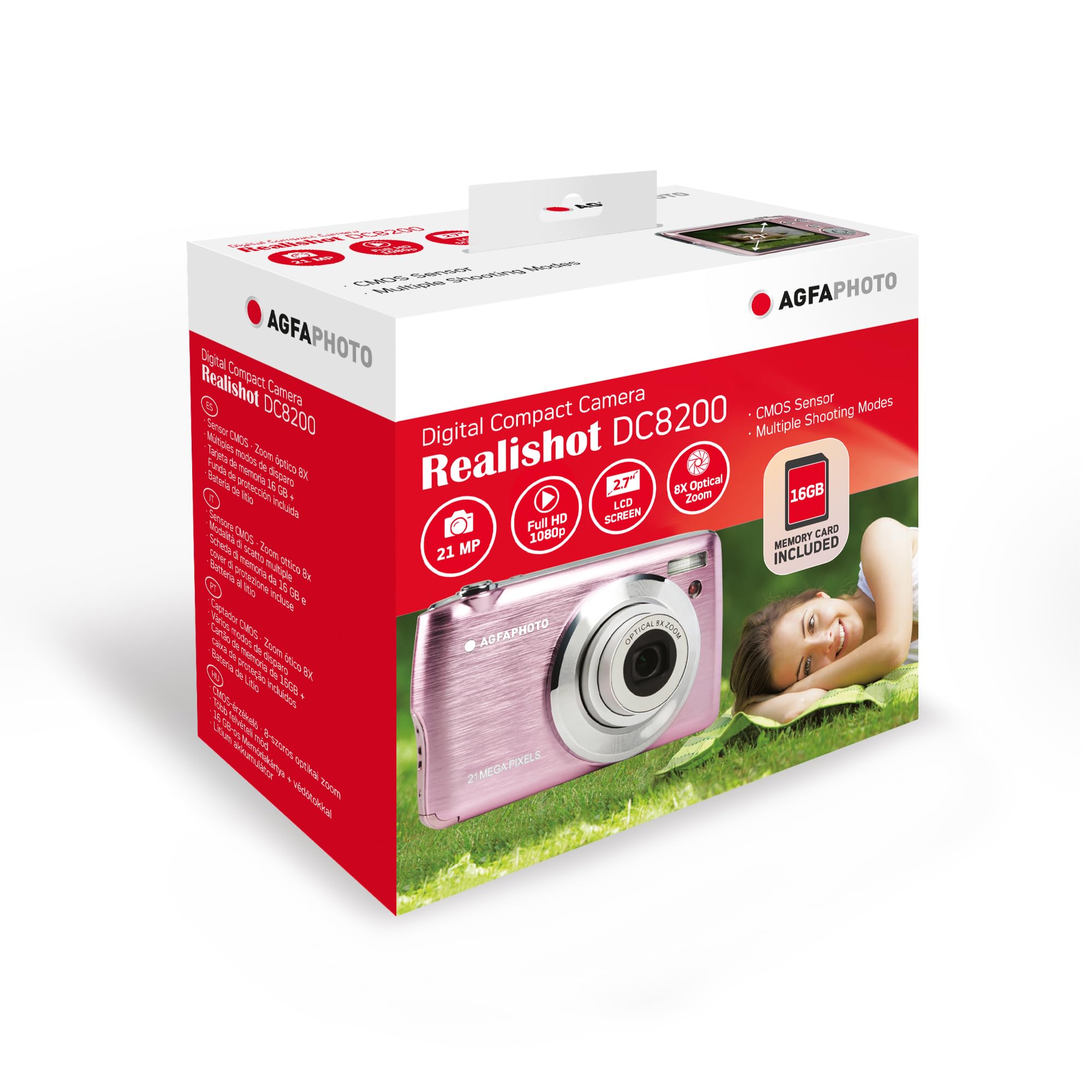 AgfaPhoto - Cámara Compacta Digital 21MP - Realishot DC8200 - Vídeo Full HD 1080p - Zoom Óptico 8X - Pantalla LCD 2,7" - Incluye Batería, Tarjeta SD 16 GB, Funda - Rosa