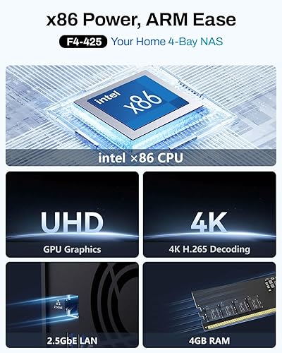 Miniatura 2 de TERRAMASTER F4-425 Almacenamiento NAS de 4 bahías: CPU Intel x86 Quad-Core, 4 GB de RAM, LAN de 2.5GbE, servidor multimedia de almacenamiento