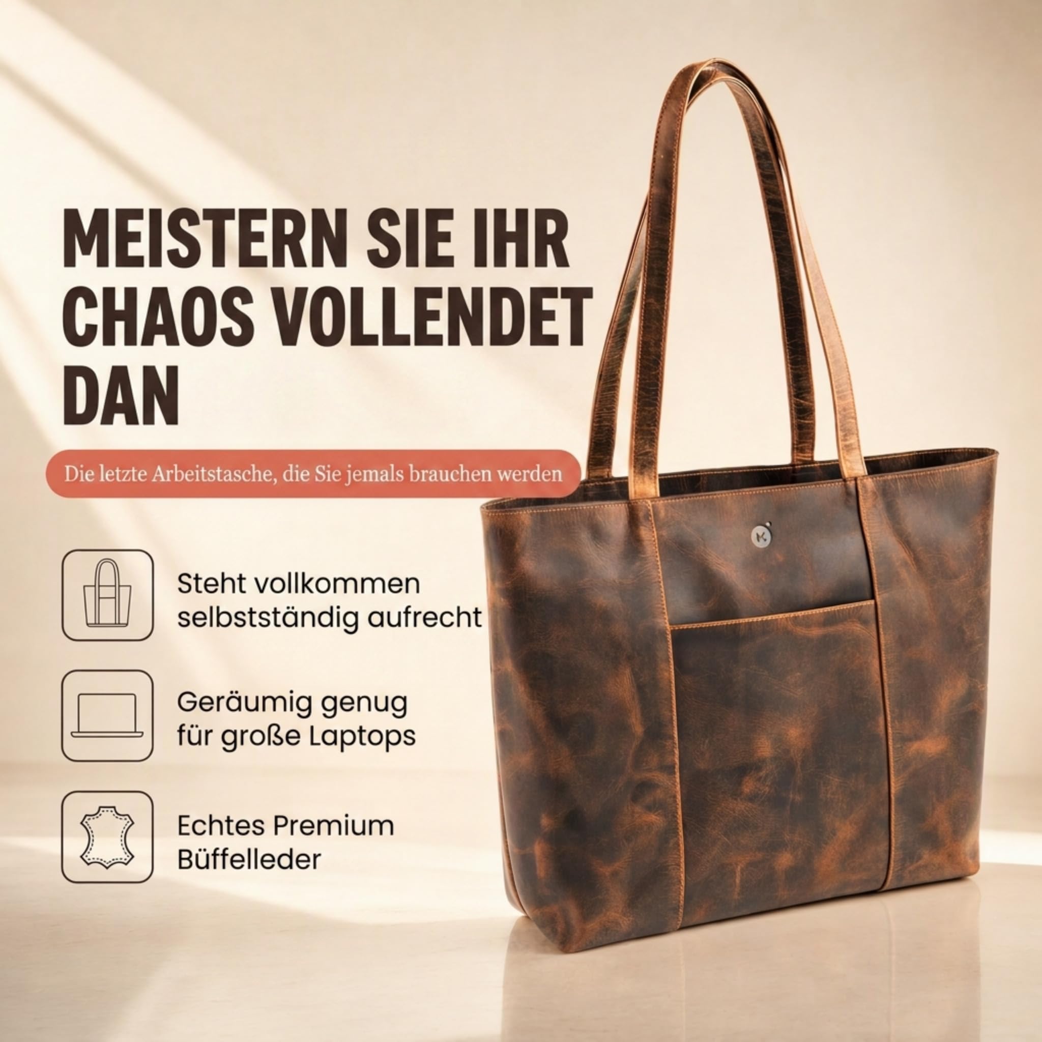 moonster Handtasche Damen Tote Bag 100% Naturleder – Langlebige Tasche Damen aus Büffelleder – Leder Shopper Damen Groß mit Polybaumwollfutter & Messingbeschlägen – Ledertasche Damen-Shopper