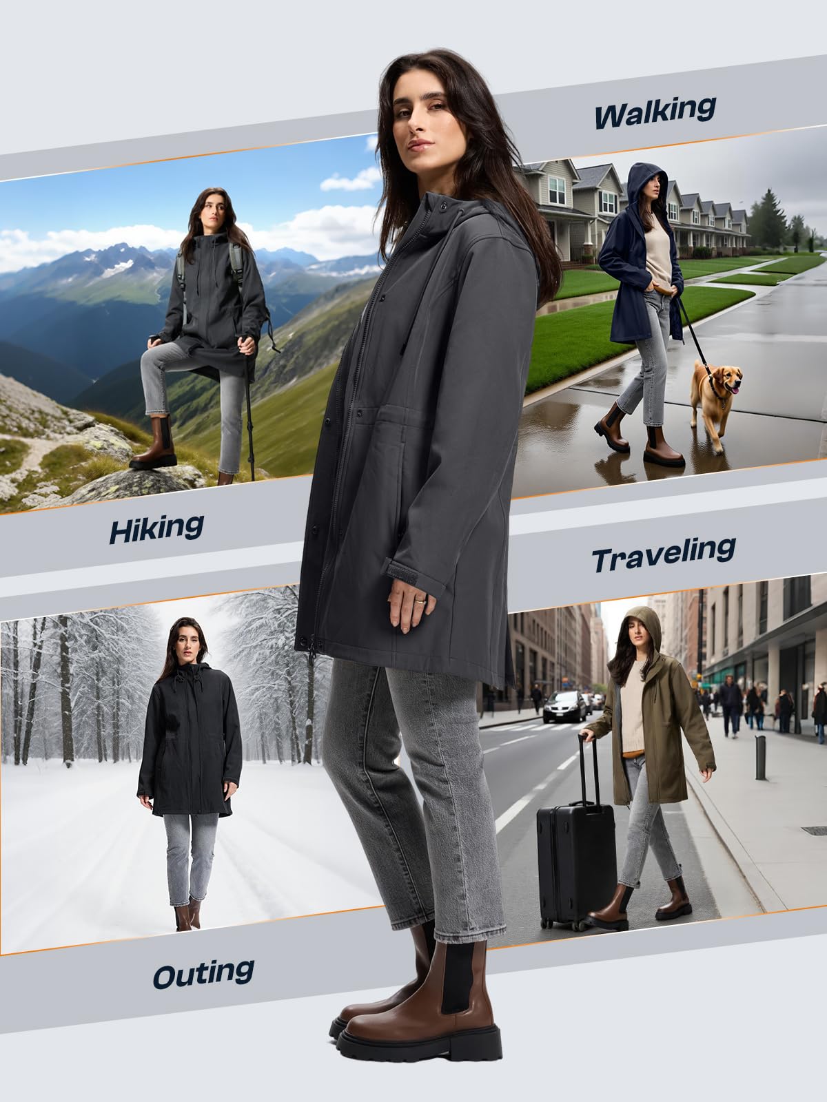 SaphiRose PONCHO Damen Regenjacke Wasserdicht Lange Softshelljacke mit Kapuze Übergangsjacke mit Atmungsaktiv Futter Regenmantel Windbreaker Jacke Leicht für Frühling Sommer und Herbst