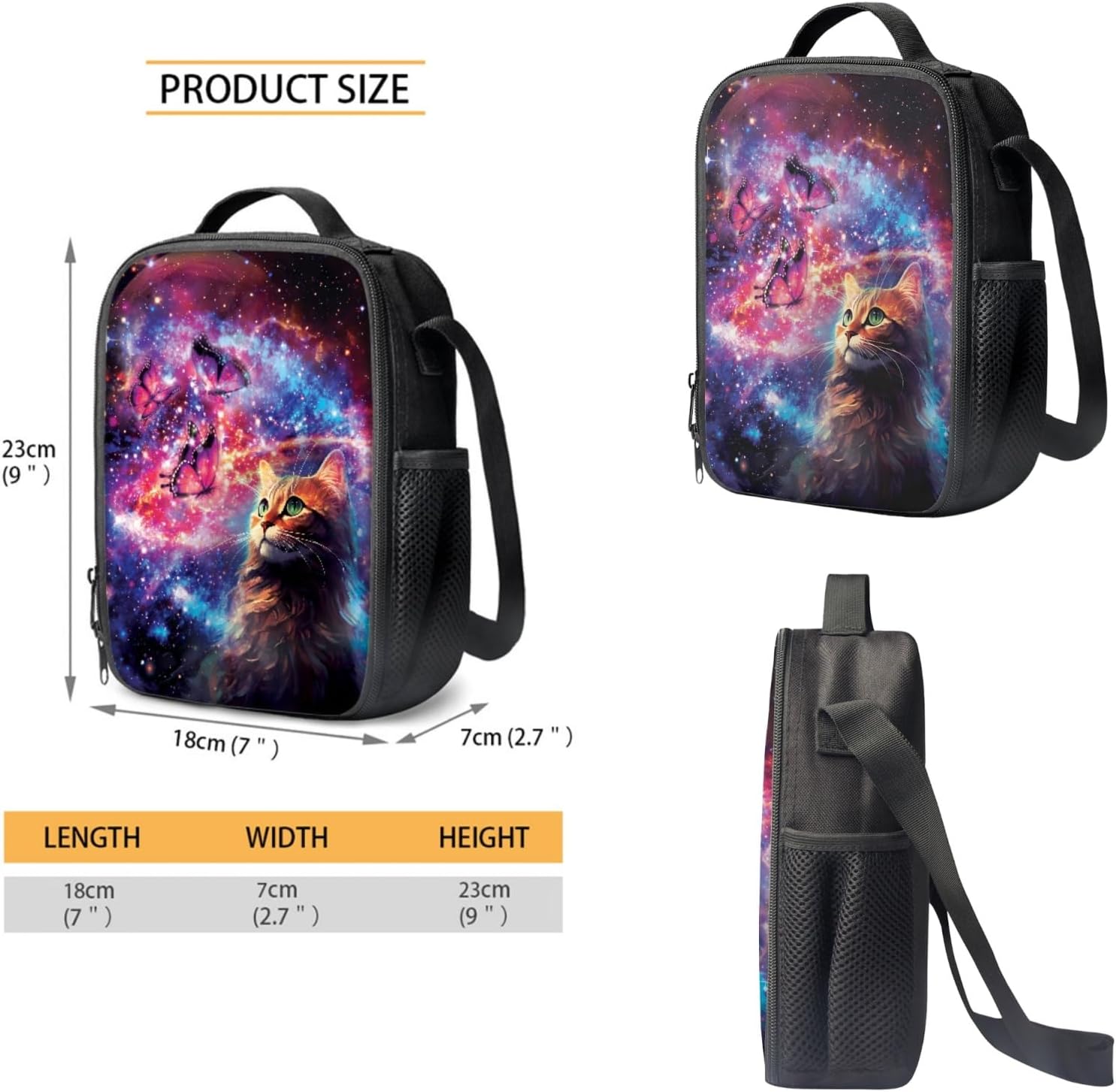 Galaxy Cat Butterfly Kids School Backpack Set for Girls Boys Lightweight Bookbag with Insulated Lunch Box and Pencil Case 3 in 1 Middle Elementary Daypack Book Bag