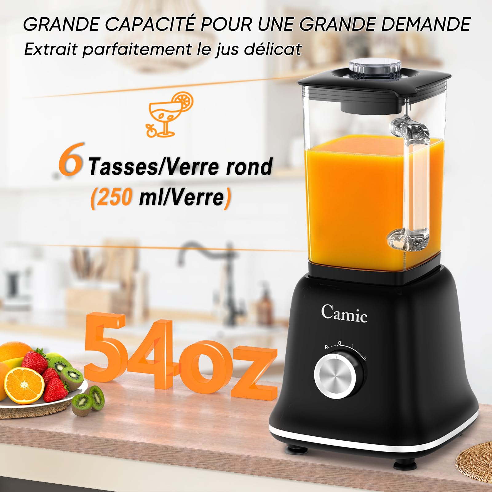 Camic blender mixeur 1200 W Mixeur Multifonction 3 en 1 avec Récipient en Verre de 1,6 L, mug de Voyage de 400 ml et Gobelet de Broyage de 200 ml, Mixeur à Impulsion/2 Vitesses