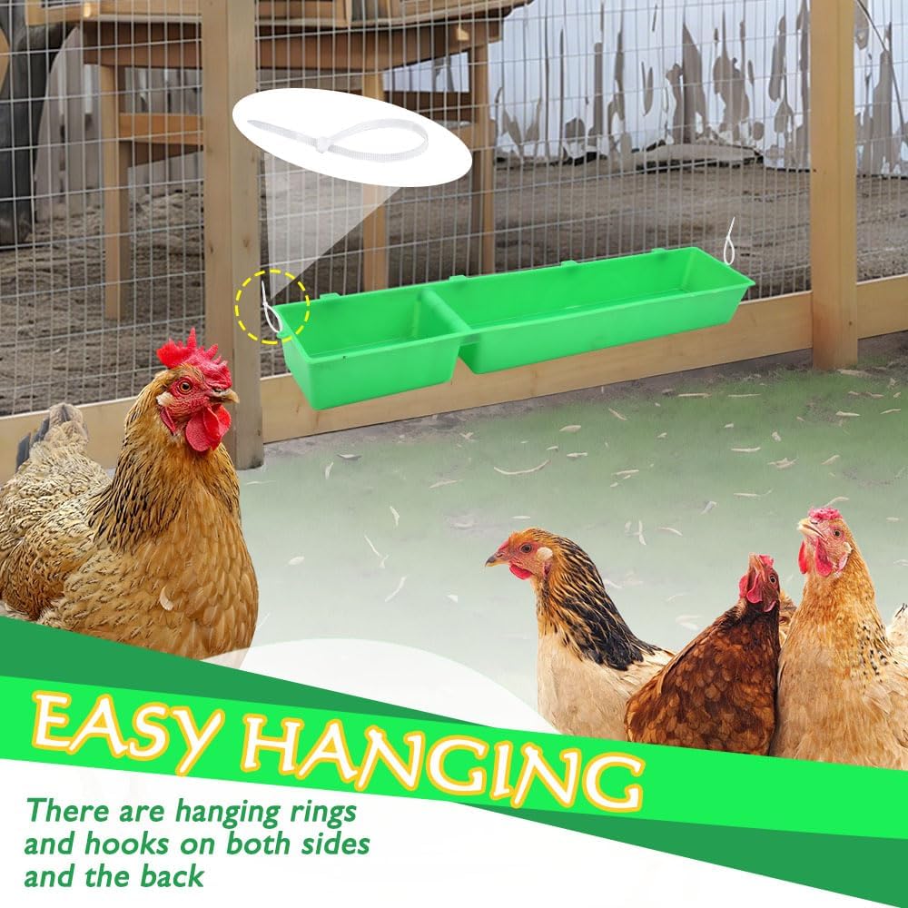 4 Pack Chicken Feeder Trough Plastic Poultry Feeding Equipment Bucket 22 inches Hanging Food Dispenser for Chicken Duck Pigeon Bird Livestock Poultry (Green)