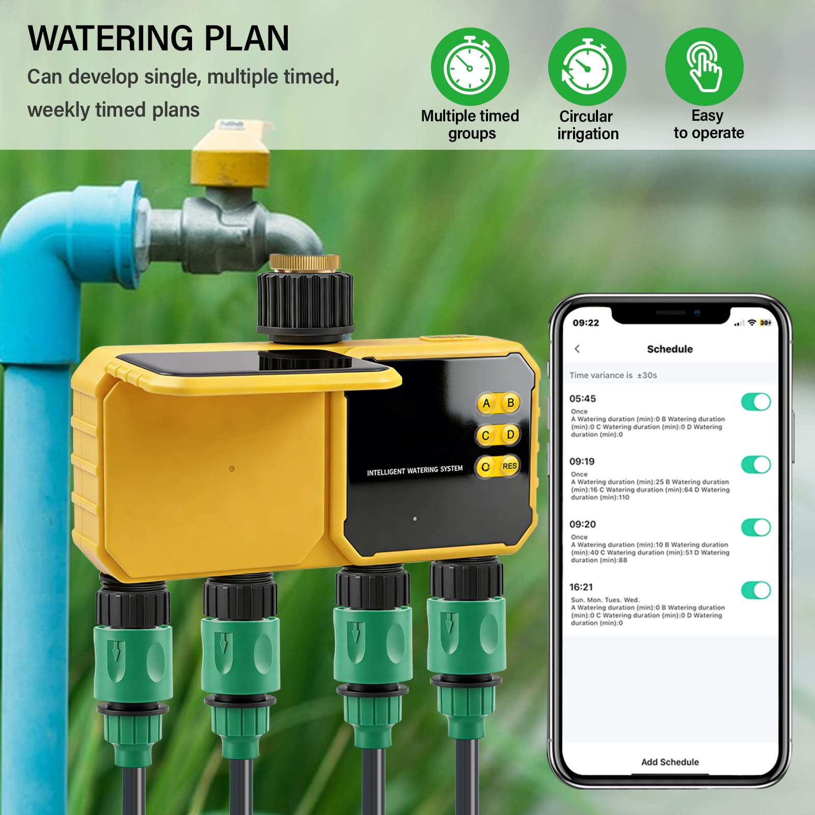 Timer di irrigazione solare WiFi con sensore di pioggia, regolatore intelligente dell'acqua per esterni, ingresso / uscita filettatura imperiale G3/4", telecomando APP, solare e ricaricabile USB-C per
