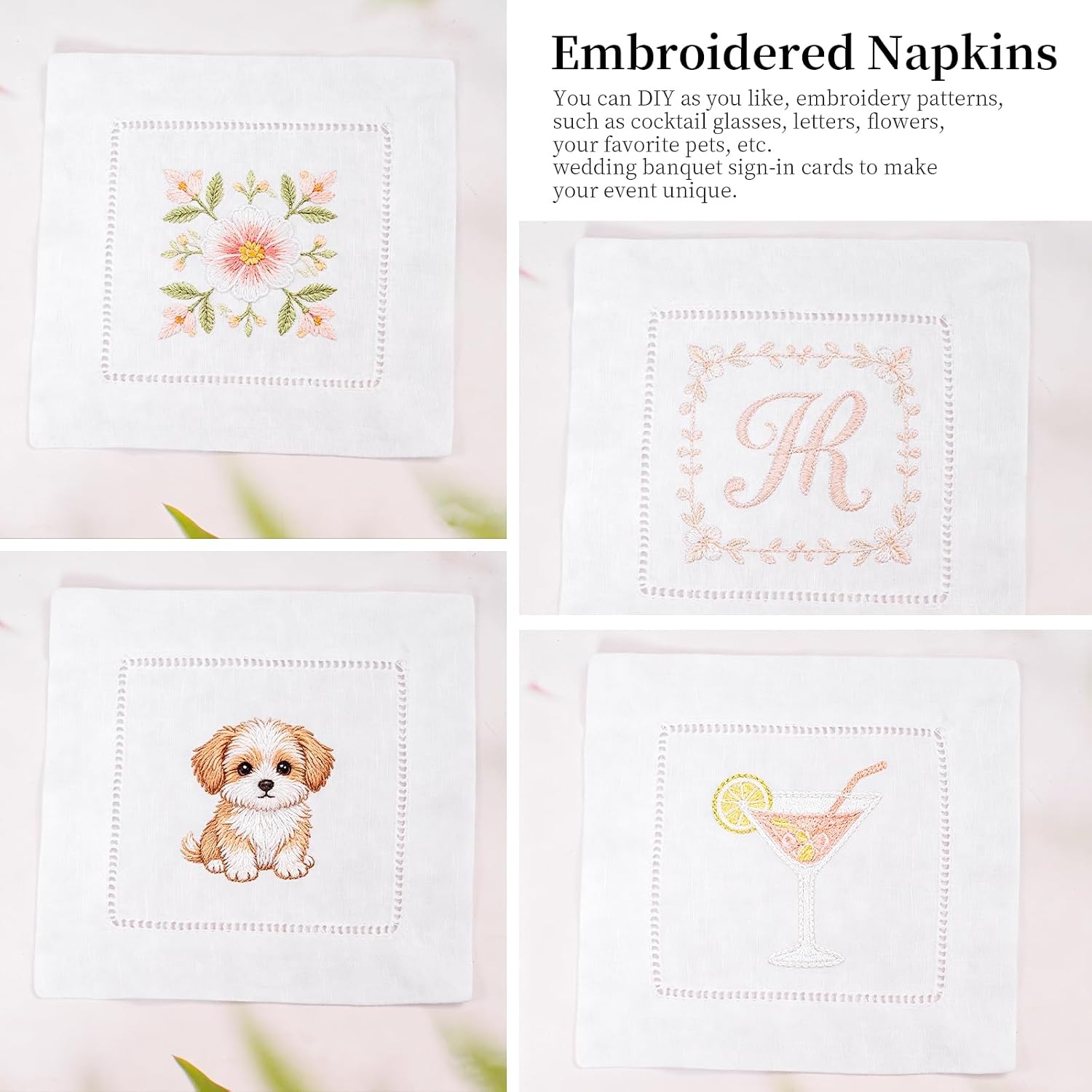 Cocktail Napkins Set of 50, 6 x 6 Inch White Linen Napkins Washable Hemstitch Cloth Napkins Natural Linen Cocktail Napkin for Wedding Bar Party Embroidery