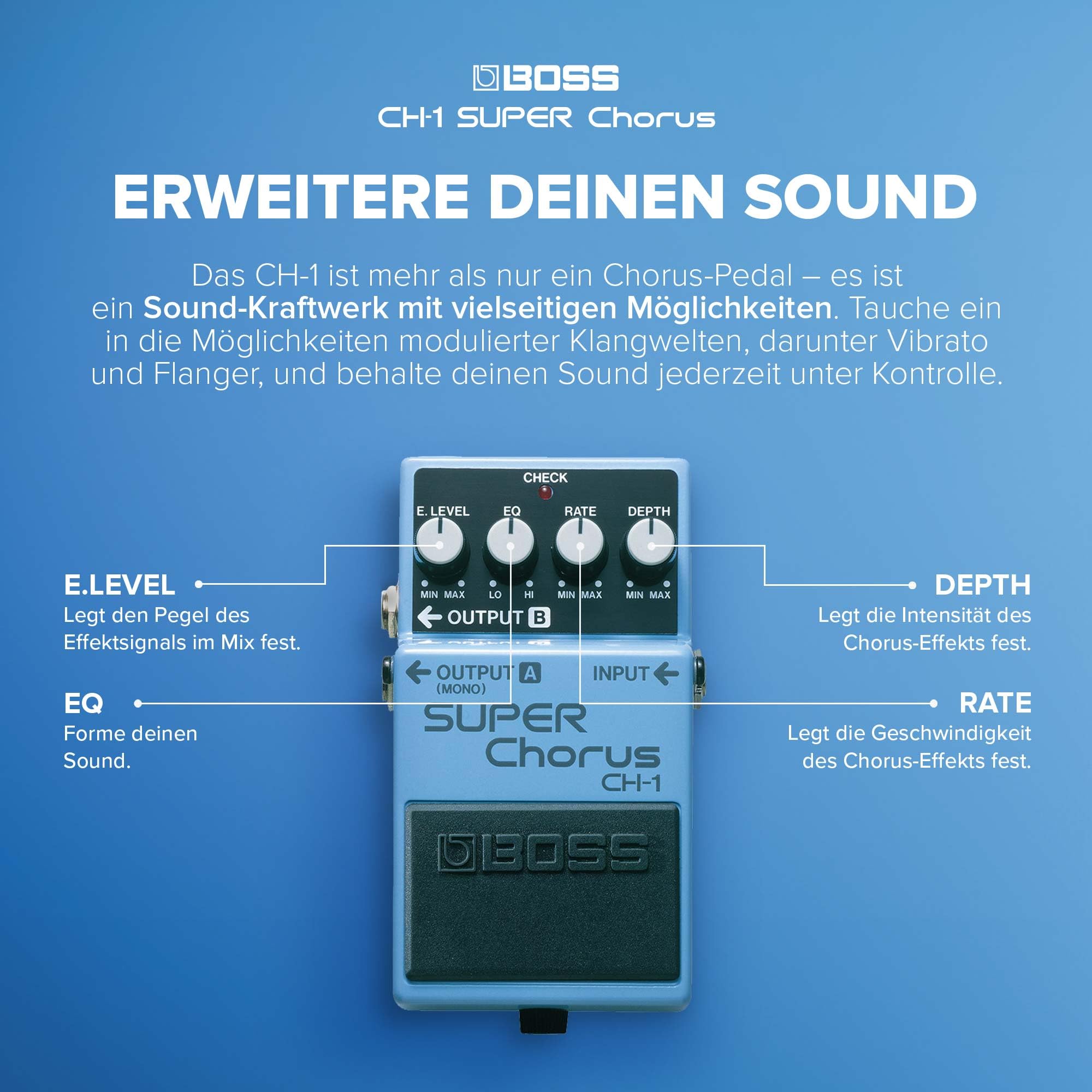 BOSS CH-1 SUPER Chorus | Kompakter Effektpedal-Klassiker | Kristallklarer Sound für Gitarre & Keyboard | Vielseitige Klanggestaltung | Mono- & Stereoanschlüsse | Einfache Bedienung