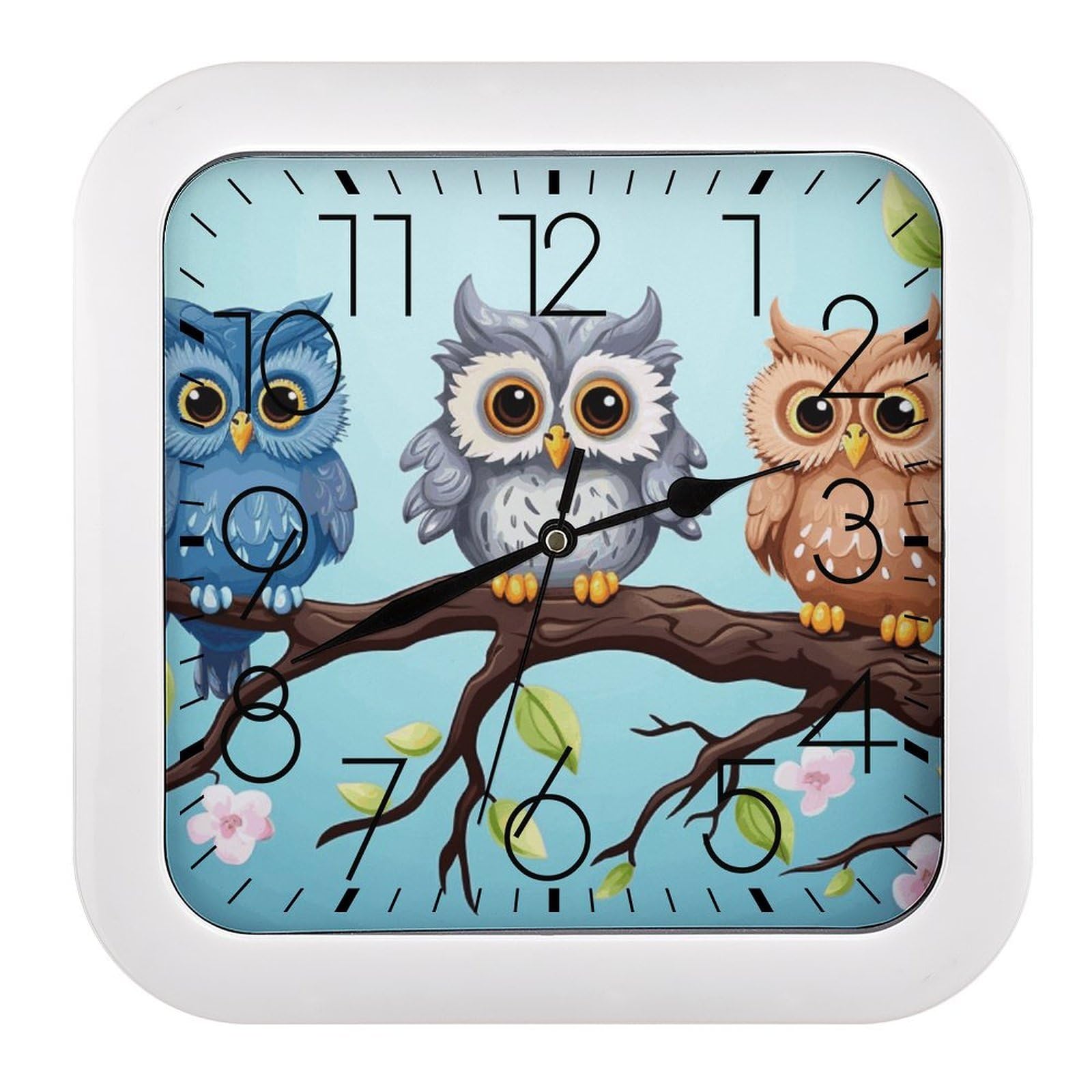 MUSM 10.2 X 10.2 Inch Modern Owls on A Branch Wall Clock Battery Operated High Accuracy Decorative Square Clocks for Kitchen Bedroom Living Room Home Office Porch