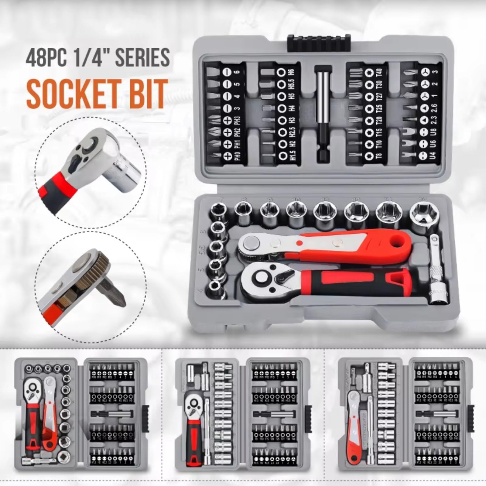 Set attrezzi da officina Set Di 48 Punte A Bussola Da 1/4" Con Cricchetto 32 Punte PH/T/esagonali 10 Prese Aste Di Giunzione E Custodia Portatile Auto/casa Utensili Manuali Fai Da Te