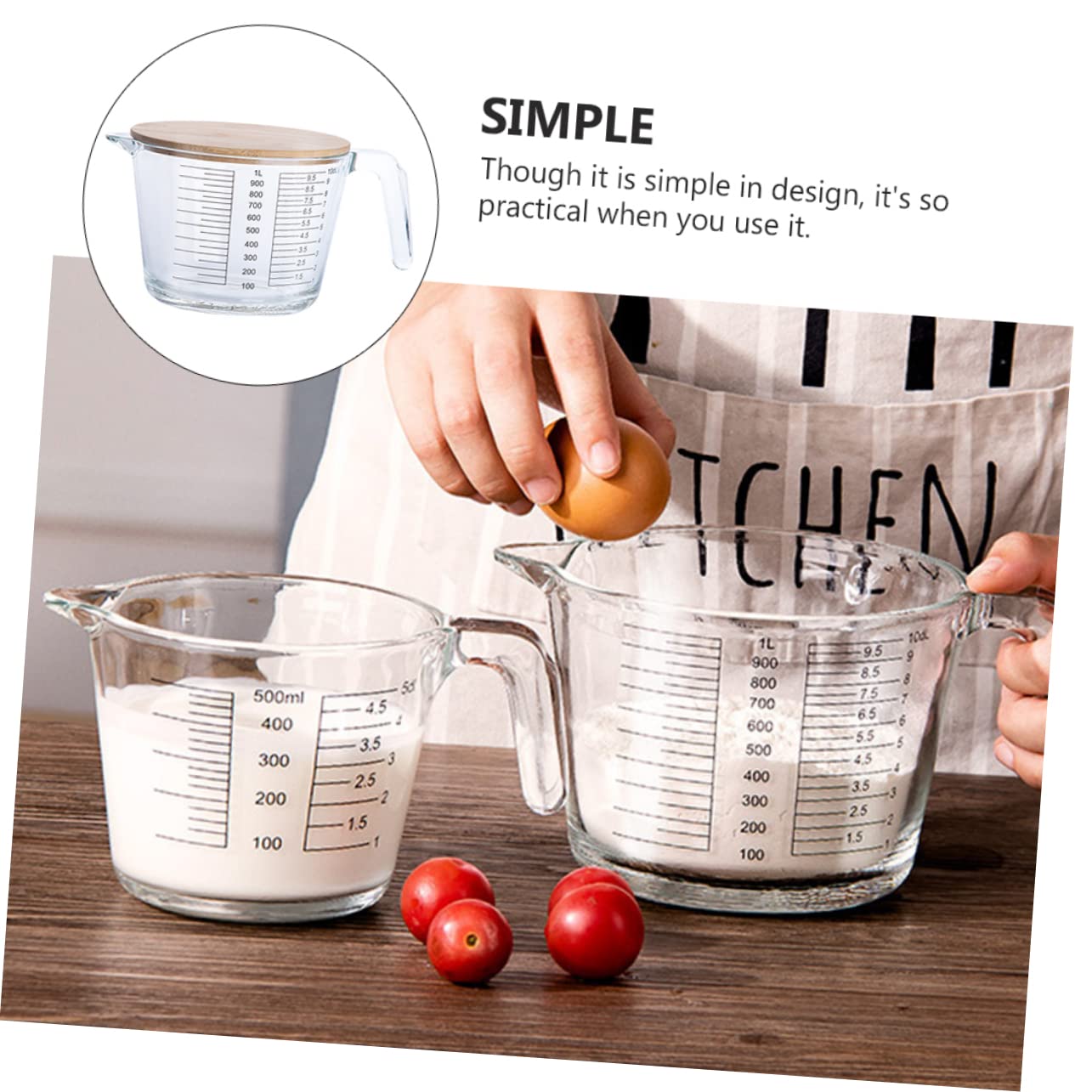 Tasse à Mesurer avec Couvercle en Bois Facile à Nettoyer en Verre Résistant la Chaleur Graduée pour Liquides et Jus Réutilisable, 1pc Cuisine et Pâtisserie