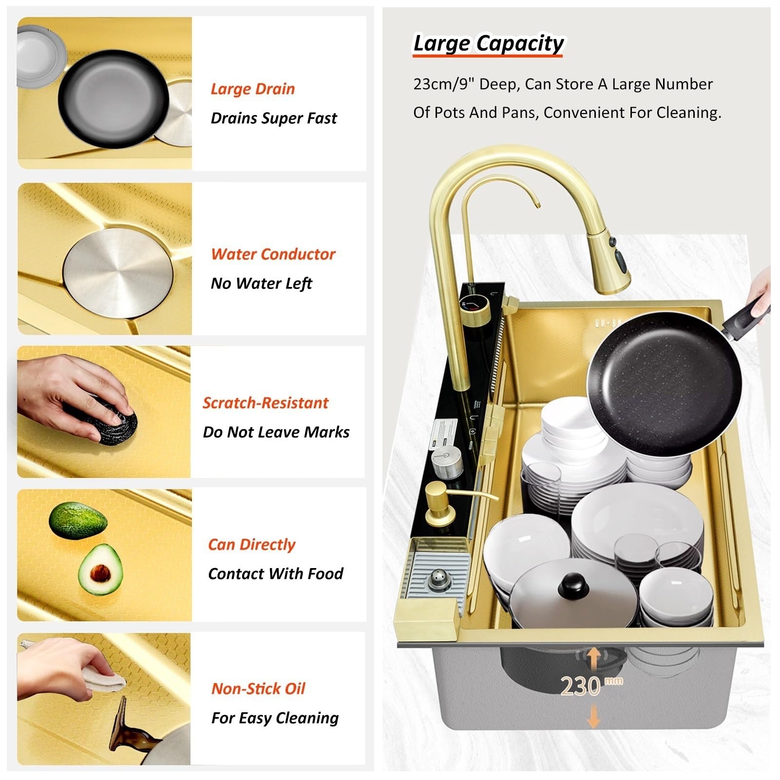 Fregadero de cocina grande con estación de trabajo, fregadero de bar inteligente Nano de acero inoxidable con cascada, grifo extraíble, lavavasos, kit de desagüe, fregadero de granja de un solo seno