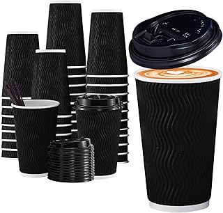 16 oz Coffee Cups-60 Pack Disposable Coffee Cups with Lids and Straws, To Go Paper Coffee cups for Cold/Hot Coffee, Water or Juice, Coffee Cups for Home, Office, Store and Cafe(Black)