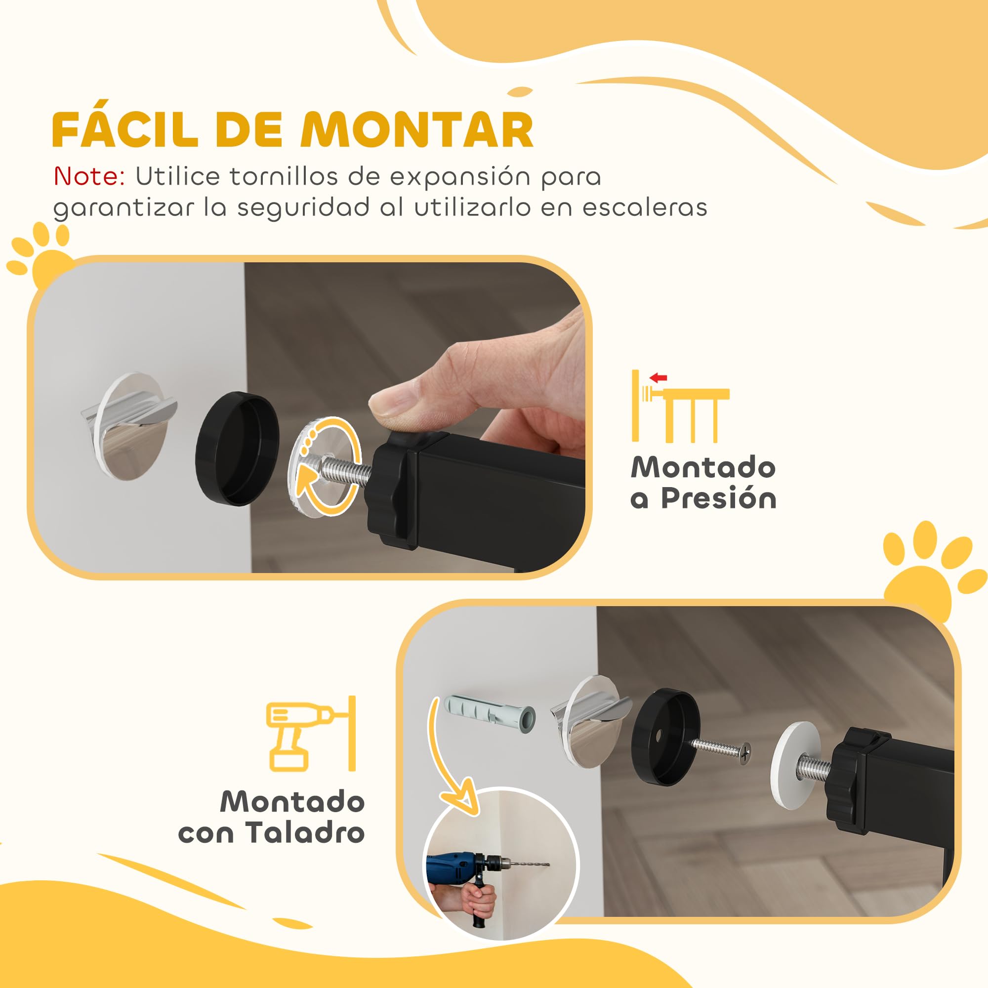 PawHut Barrera de Seguridad para Perros Extensible 74-87 cm, para Puertas y Escaleras, Barrera para Perros con Extensión 7 cm, Montaje a Presión y Doble Bloqueo, Negro