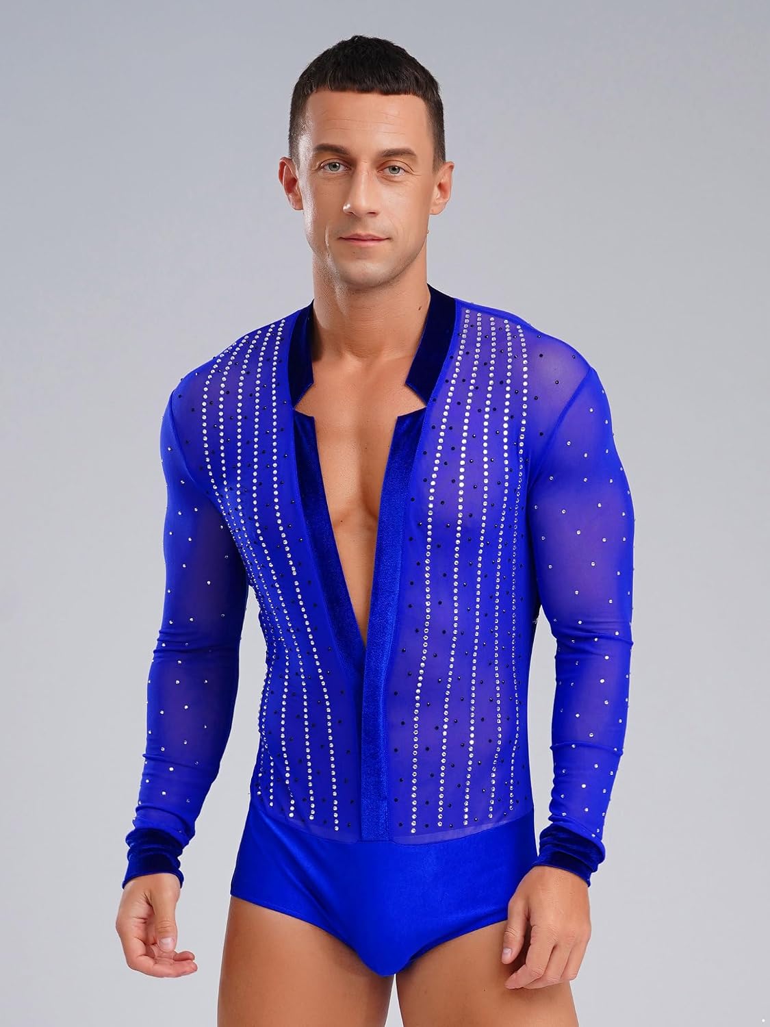 XUNZOO Men's Latin Salsa Modern Waltz Tango Dance Leotard Deep V-neck Velvet Patchwork Bodysuit Top Performance Wear