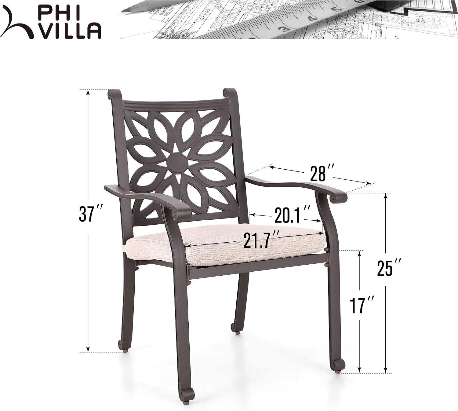 PHI VILLA Outdoor Patio Aluminum Dining Chairs Set of 2, Extra Wide Armrest Stable Chairs with 2.8" Seat Cushion, Casting Frame for All Weather