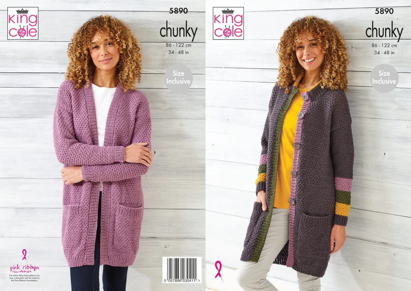 King Cole Ladies Chunky Knitting Pattern Round or V Neck Cardigan & Coat (5890), Multi, 34'' - 48''