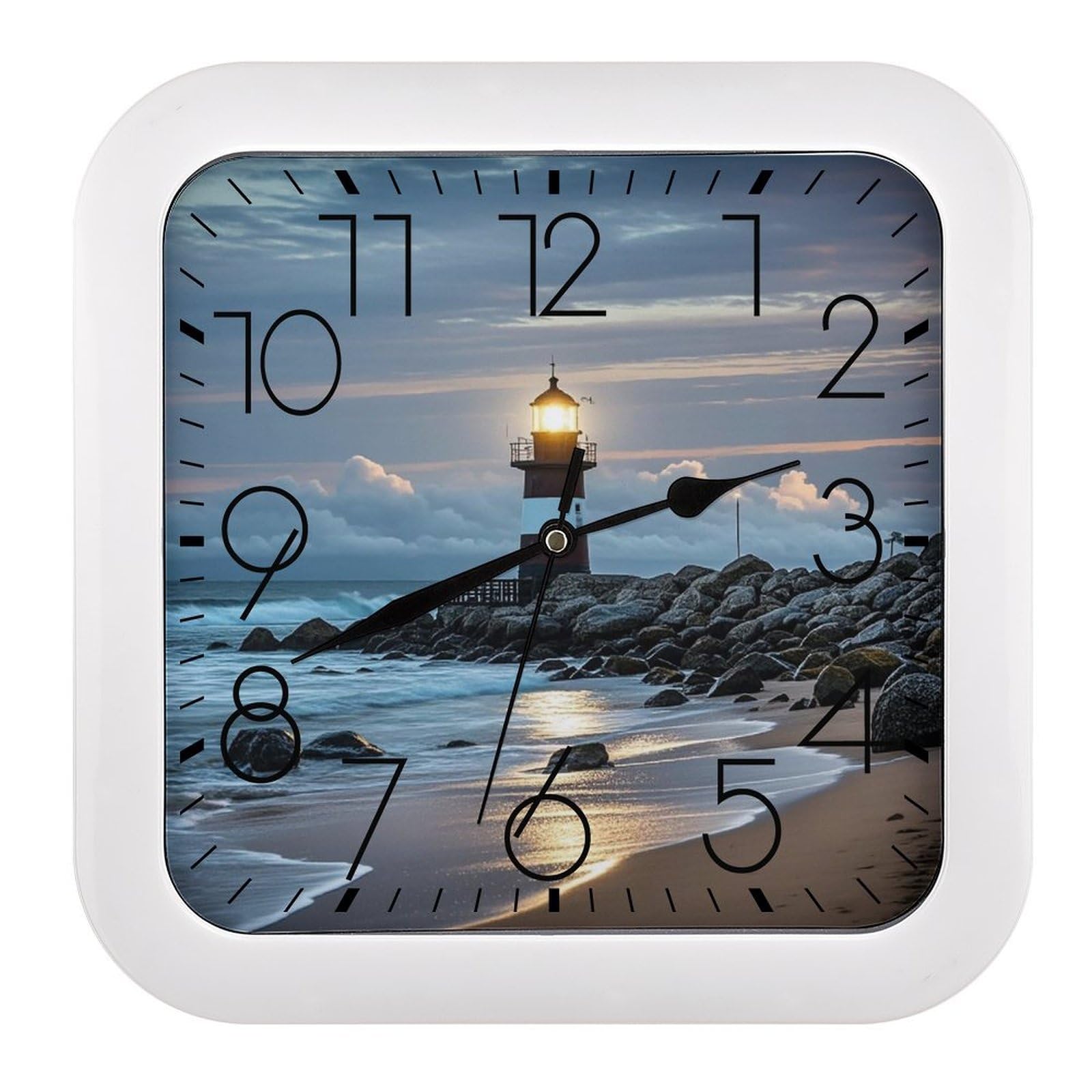 FekiLoot Square Sea Lighthouse Wall Clock Decorative Battery Operated Analog Clocks Silent Non-Ticking Frame Wall Clocks Perfect Kitchen Or Office Clock 10 Inch