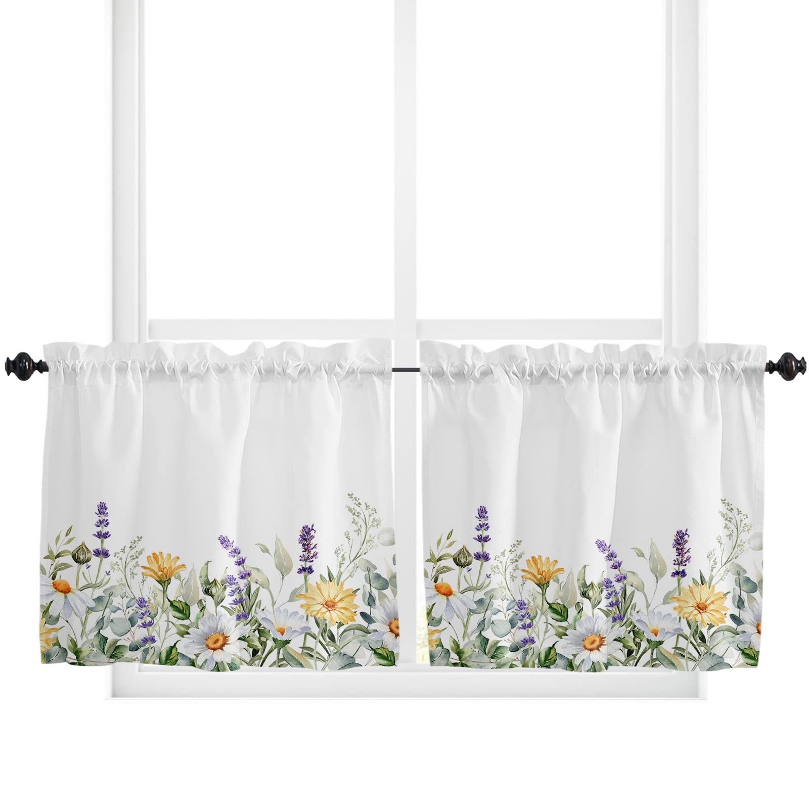 YOKOU Kitchen Curtain Tiers Valance, Lavender Daisy Flower Eucalyptus Leaves Watercolor Floral Spring Short Rod Pocket Window Curtain for Bedroom,