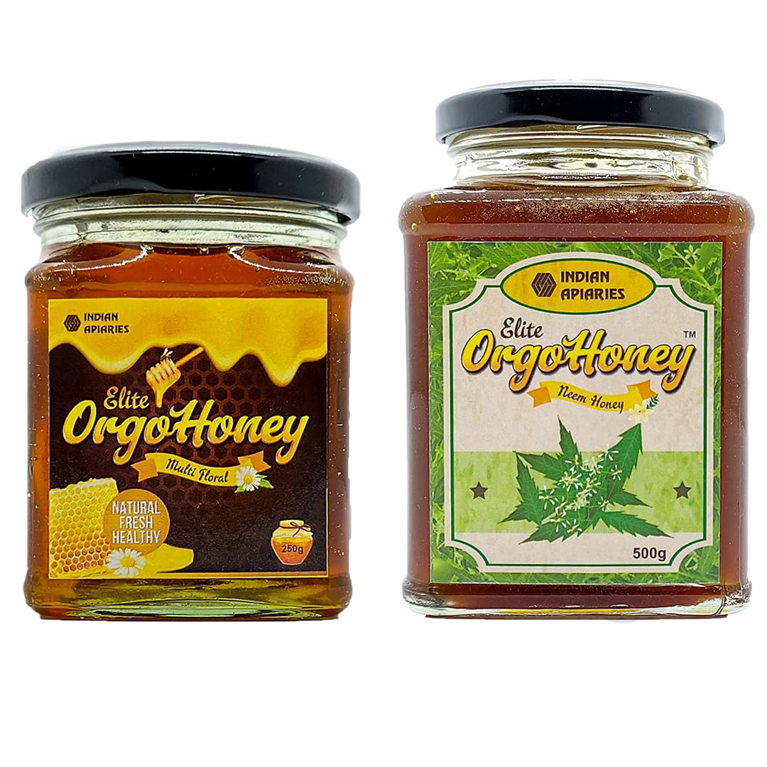 INDIAN APIARIES | Elite OrgoHoney Pure Neem & Organic Multifloral Honey|100% Natural | Wild Forest | Raw Honey | Honey with Huge Medicinal Value | No preservatives | No Added Sugar | Pack of 2 | 750g