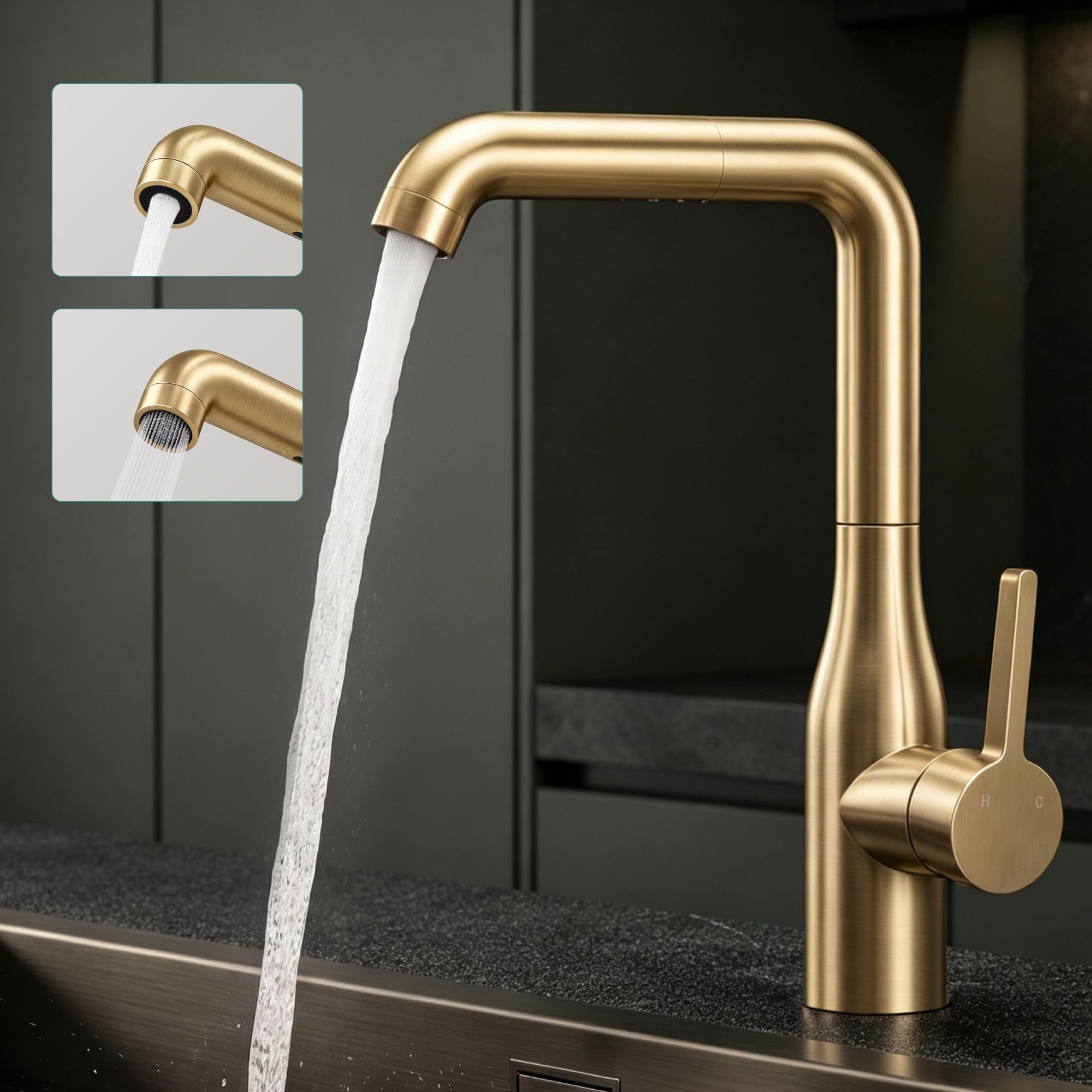 Mai & Mai Wasserhahn Küche ausziehbar, Küchenarmatur Gebürstet gold