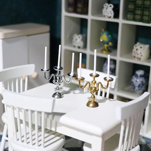 Candelabros en miniatura de tres cabezas a escala 112 con velas, juego de 2 piezas vintage de 3 brazos, accesorios para muebles de casa para regalos