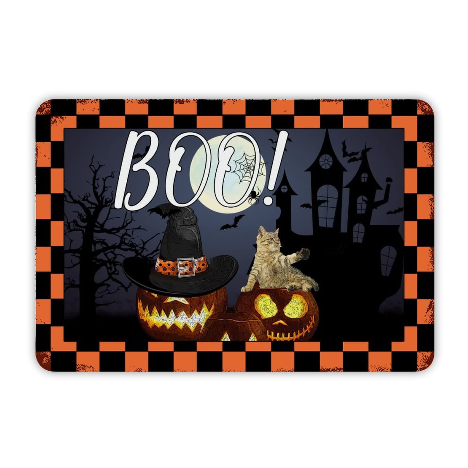 ENEDNATE Farmhouse Rustic Aluminum Sign Boo Halloween Pumpkin Cute Cat Witch Hat Metal Sign Retro Aluminum Tin Sign for Kitchen Bedroom Living Room Wall Art Door Hanger Home Decor Sign 8x12 Inch