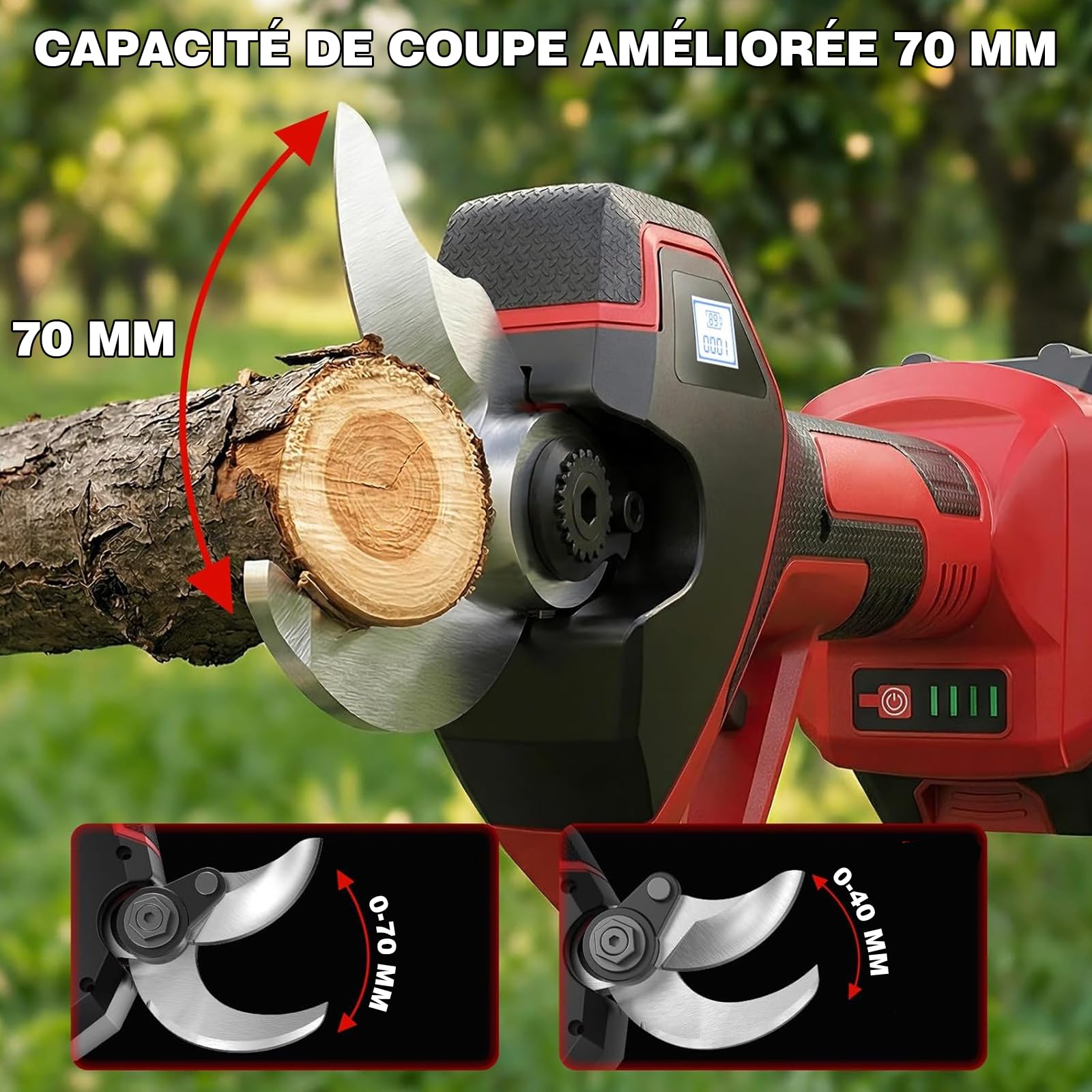 SOARFLY Tijeras de Podar Eléctricas 21 V, Apertura Ajustable hasta 70 mm, Motor sin Escobillas 700 W, 2 Baterías 2 Ah, Hoja SK7, Pantalla LCD, Maletín y Accesorios para Jardín Viñedo y Frutales